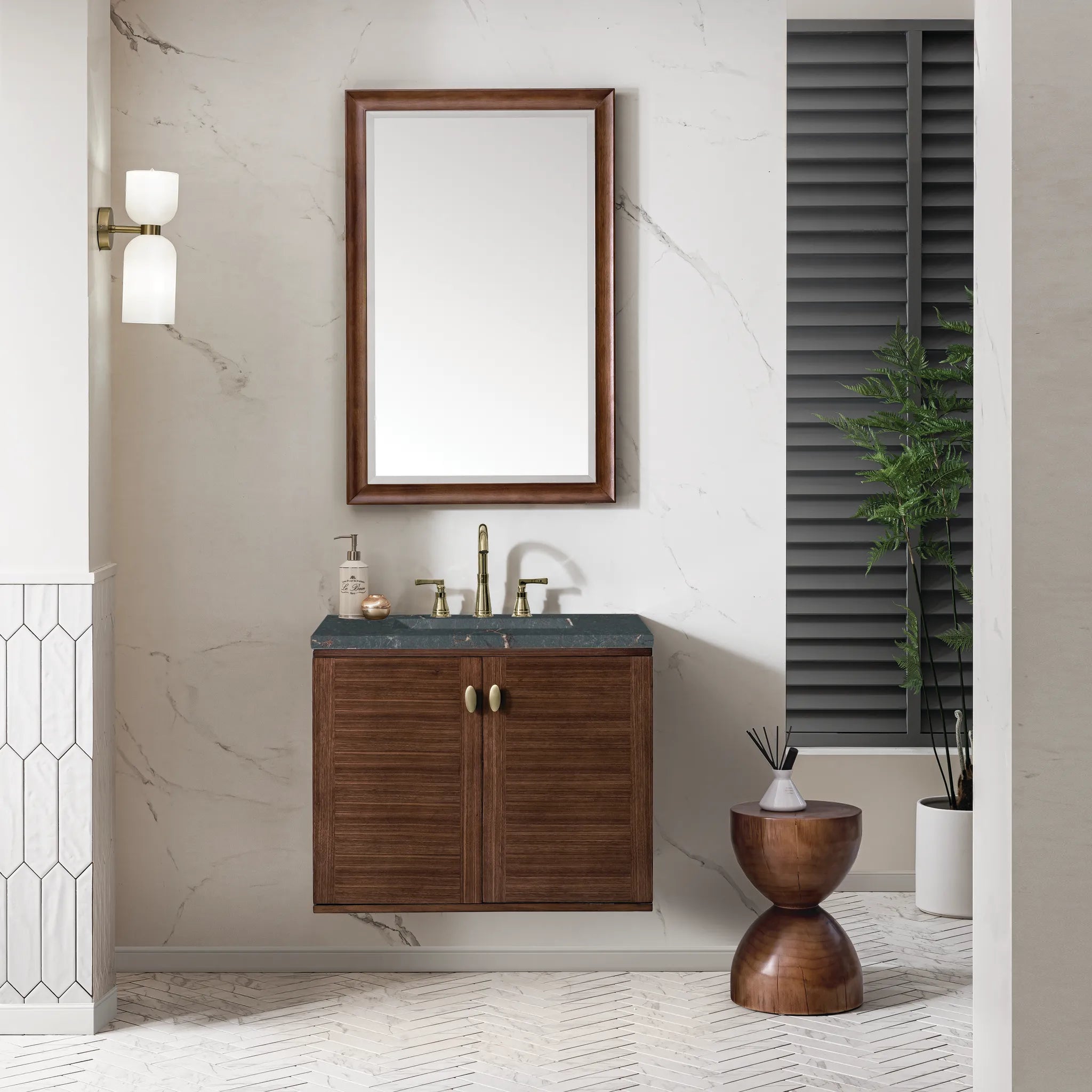 30" Amberly Single Vanity in Mid-Century Walnut-Parisien Bleu Silestone-8" Widespread image 3