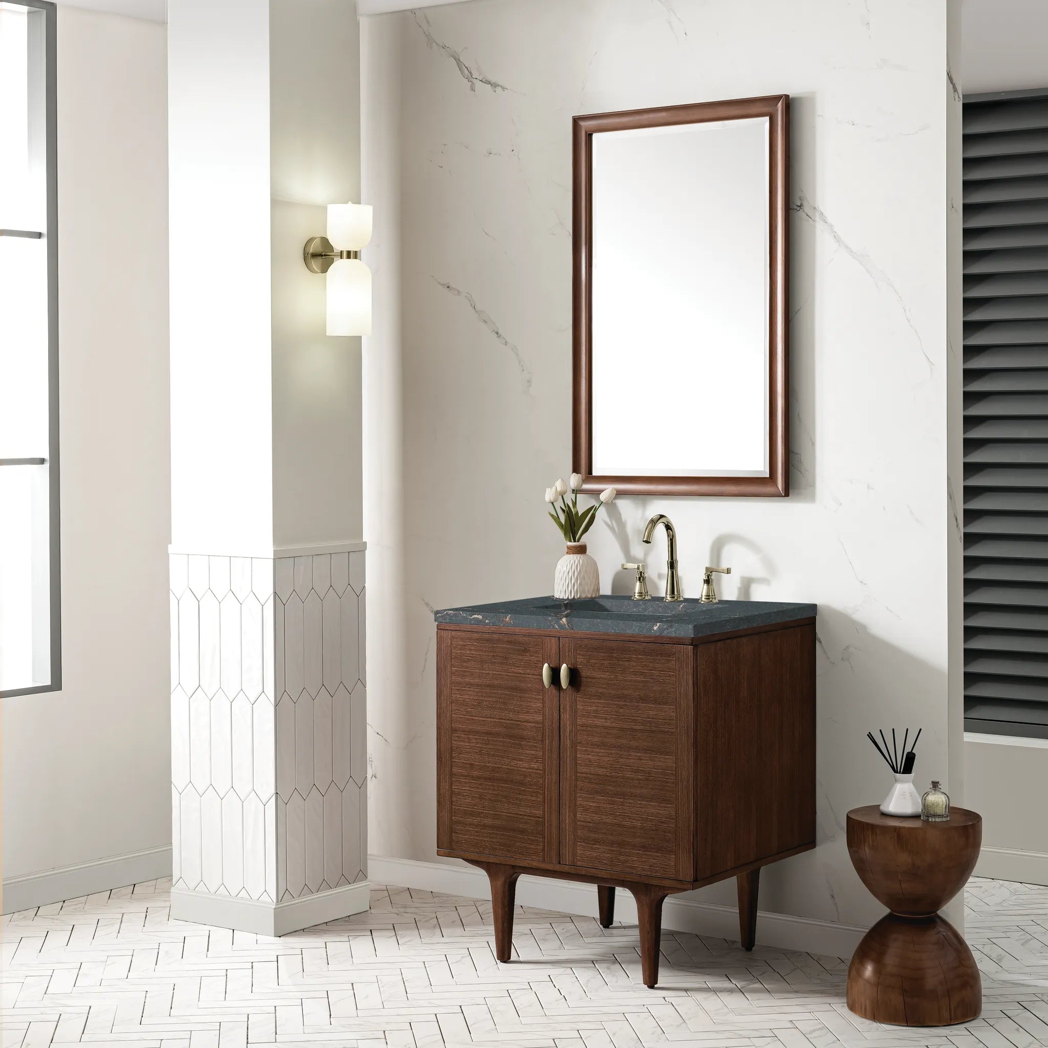 30" Amberly Single Vanity in Mid-Century Walnut-Parisien Bleu Silestone-8" Widespread image 4