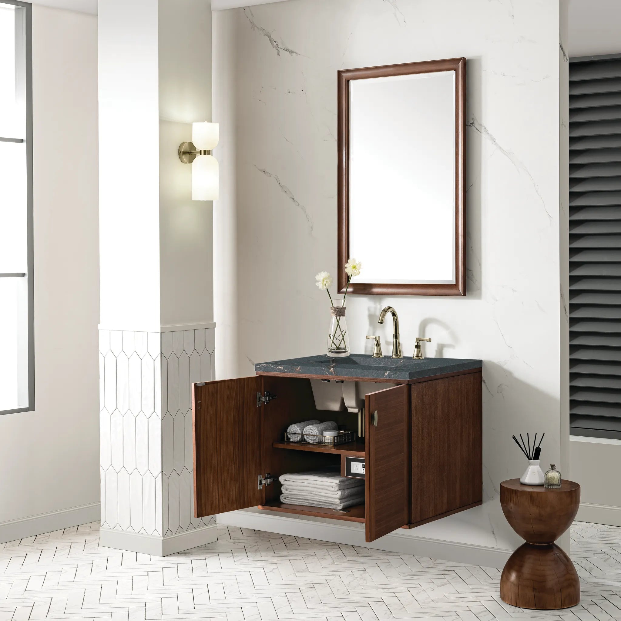 30" Amberly Single Vanity in Mid-Century Walnut-Parisien Bleu Silestone-8" Widespread image 7