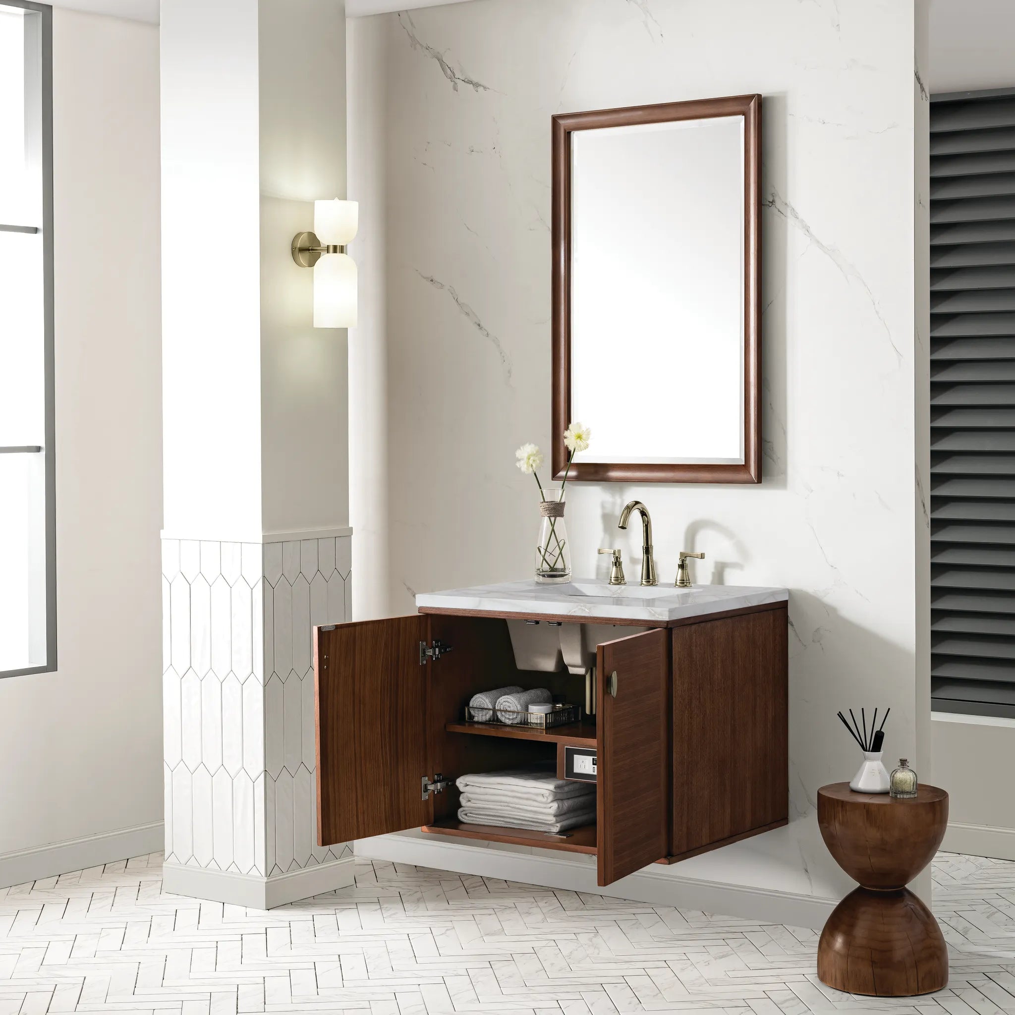 30" Amberly Single Vanity in Mid-Century Walnut-Victorian Silver Silestone-8" Widespread image 7