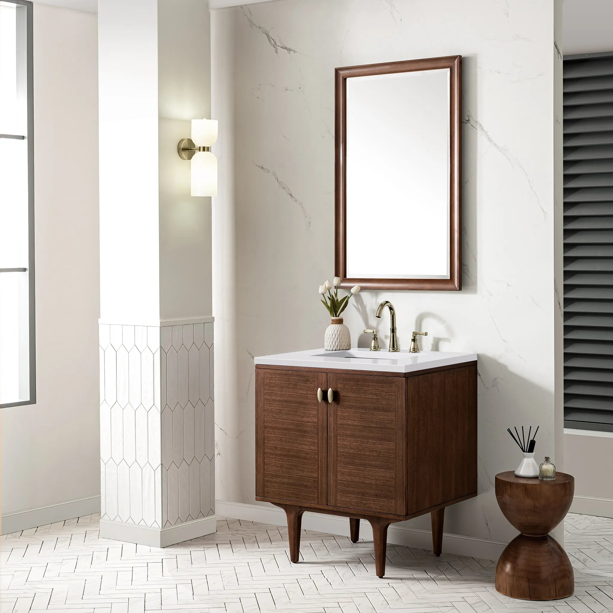 30" Amberly Single Vanity in Mid-Century Walnut-White Zeus Silestone-8" Widespread image 5