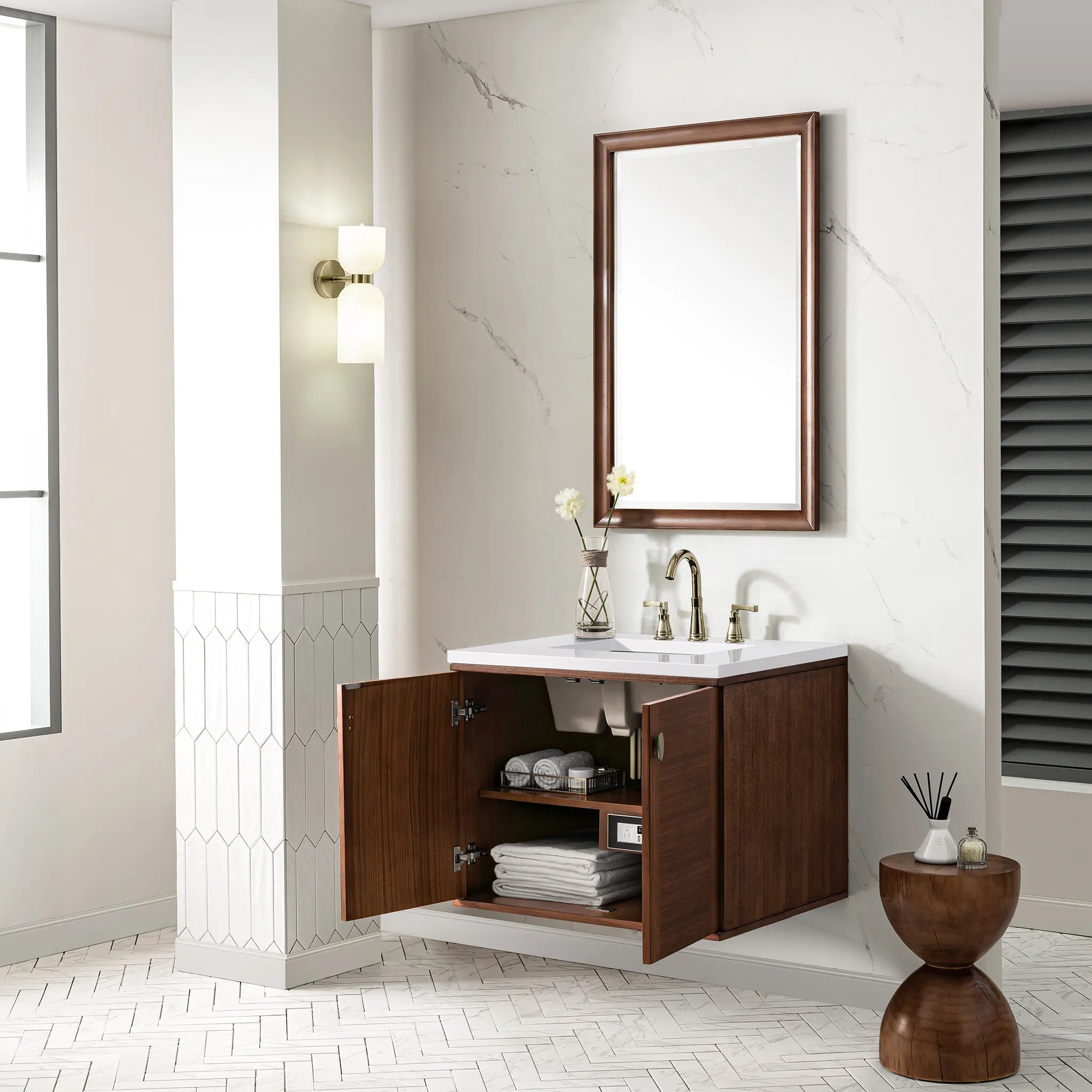 30" Amberly Single Vanity in Mid-Century Walnut-White Zeus Silestone-8" Widespread image 7