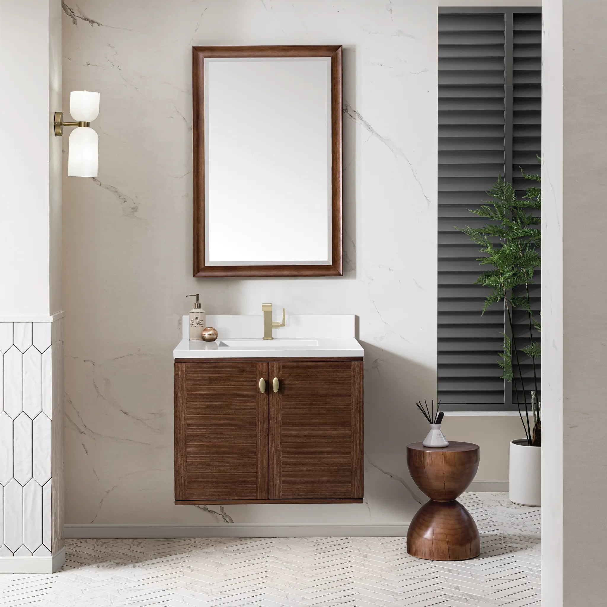 30" Amberly Single Vanity in Mid-Century Walnut-White Zeus Silestone & Backsplash-Single Hole image 2