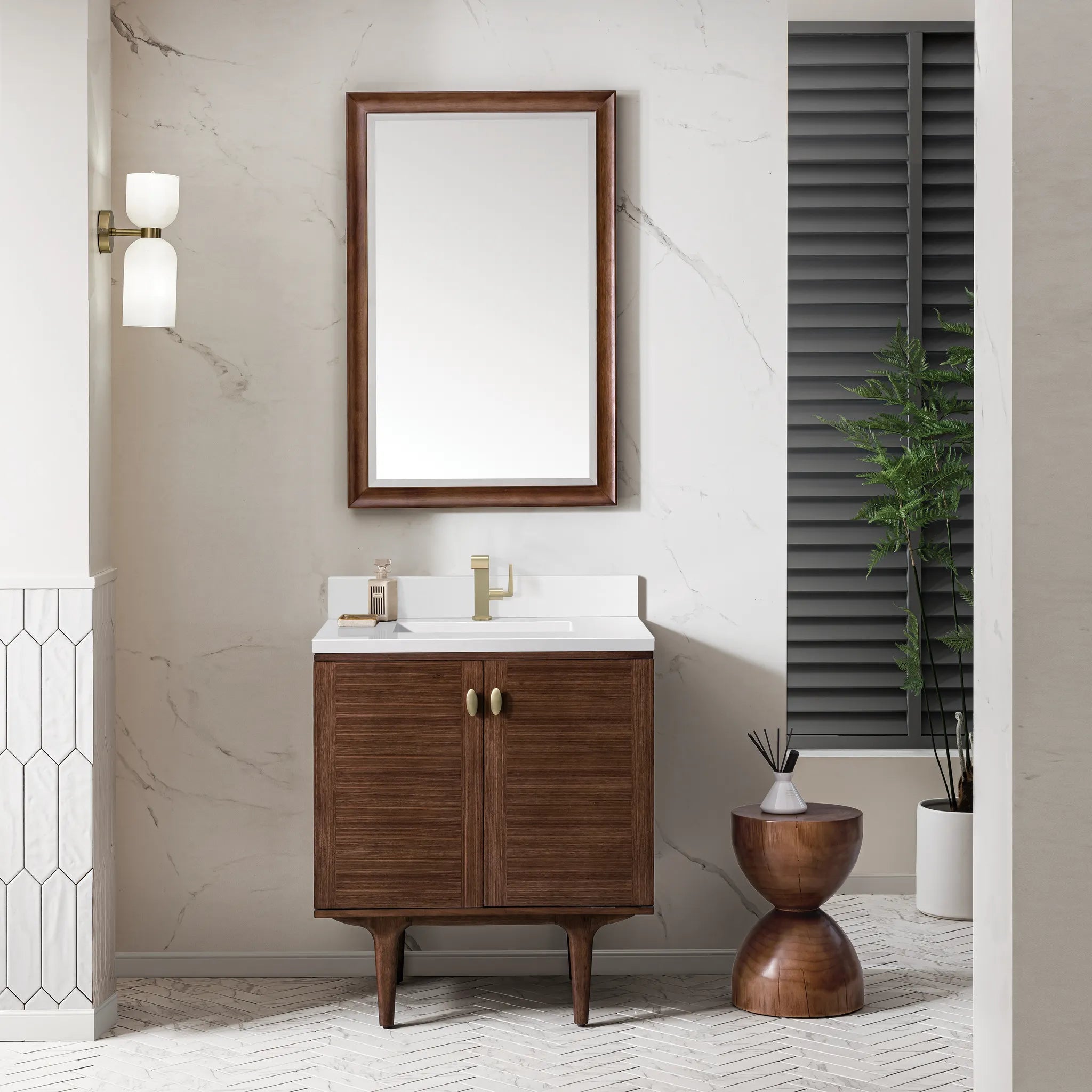 30" Amberly Single Vanity in Mid-Century Walnut-White Zeus Silestone & Backsplash-Single Hole image 3