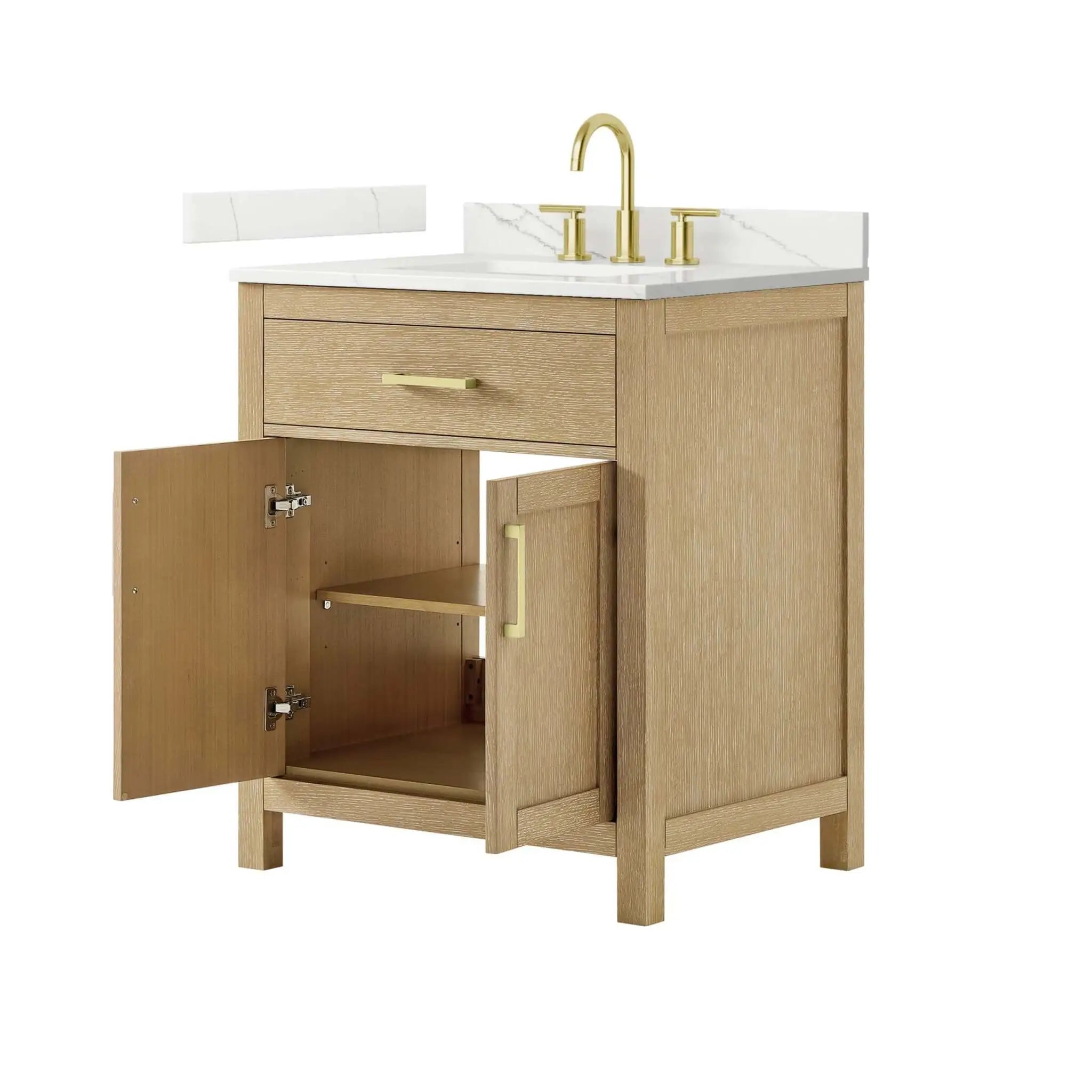 30" Beckett Single Bathroom Vanity in Whitewashed Oak with Brushed Gold Trim by Wyndham