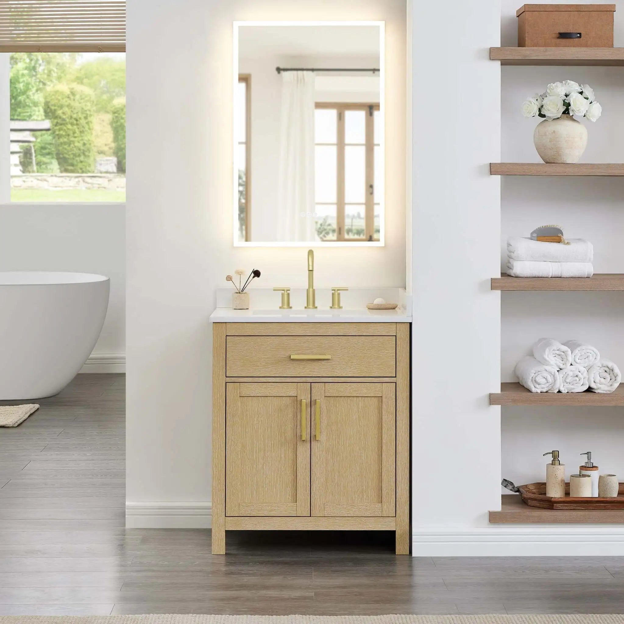 30" Beckett Single Bathroom Vanity in Whitewashed Oak with Brushed Gold Trim by Wyndham