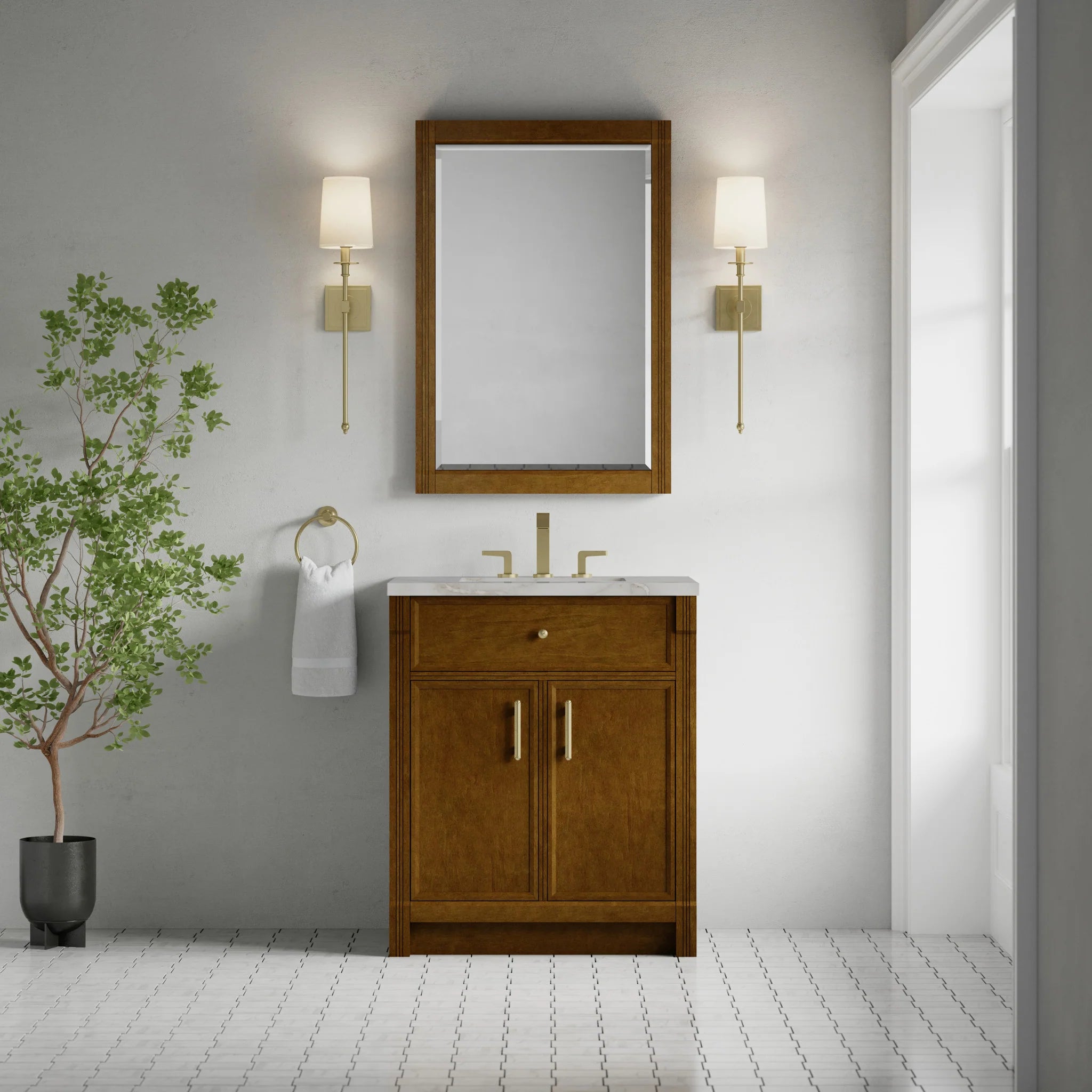 30" Bellshire Single Vanity in Honey Oak by James Martin Vanities-Victorian Silver Silestone 1