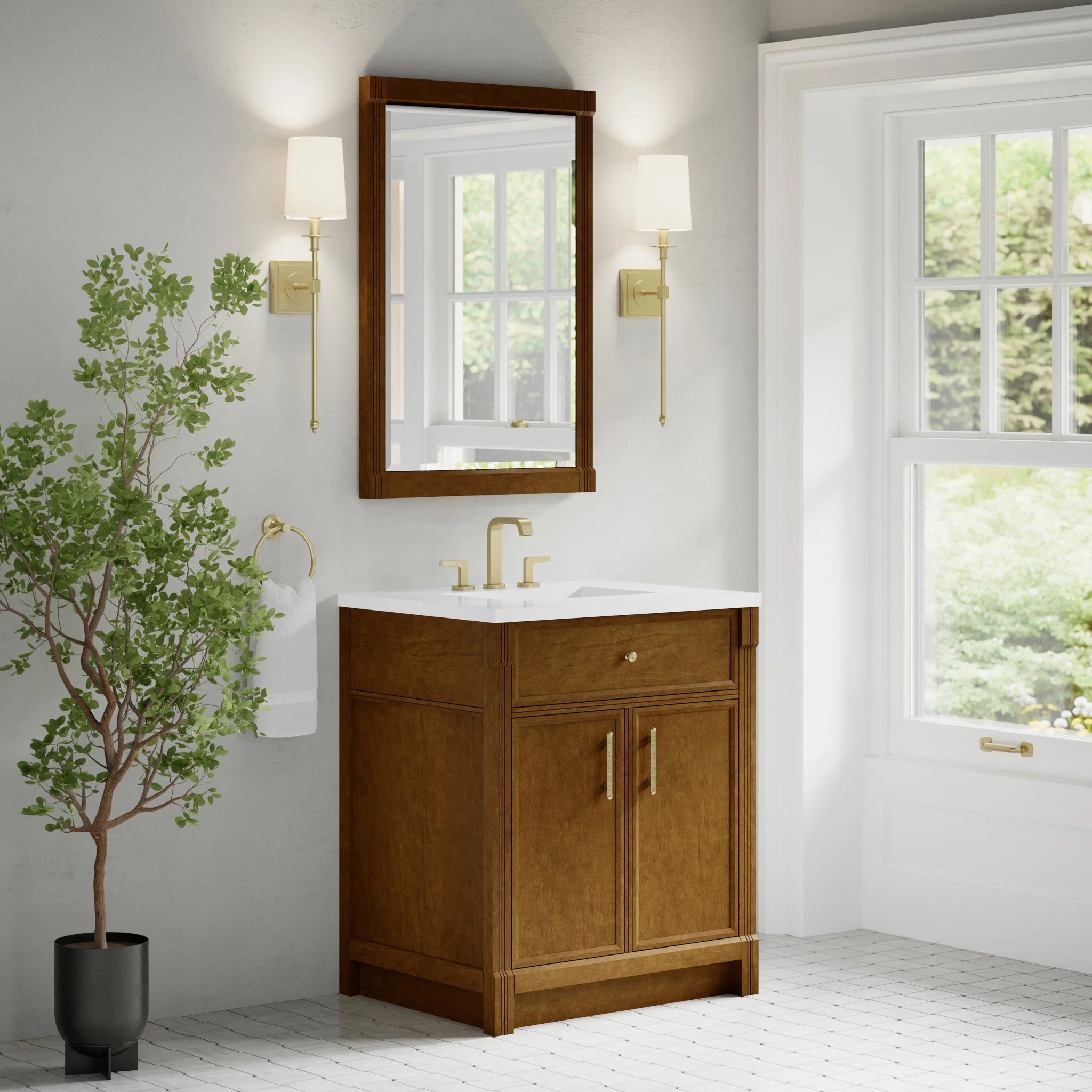 30" Bellshire Single Vanity in Honey Oak by James Martin Vanities-White Zeus Silestone 4