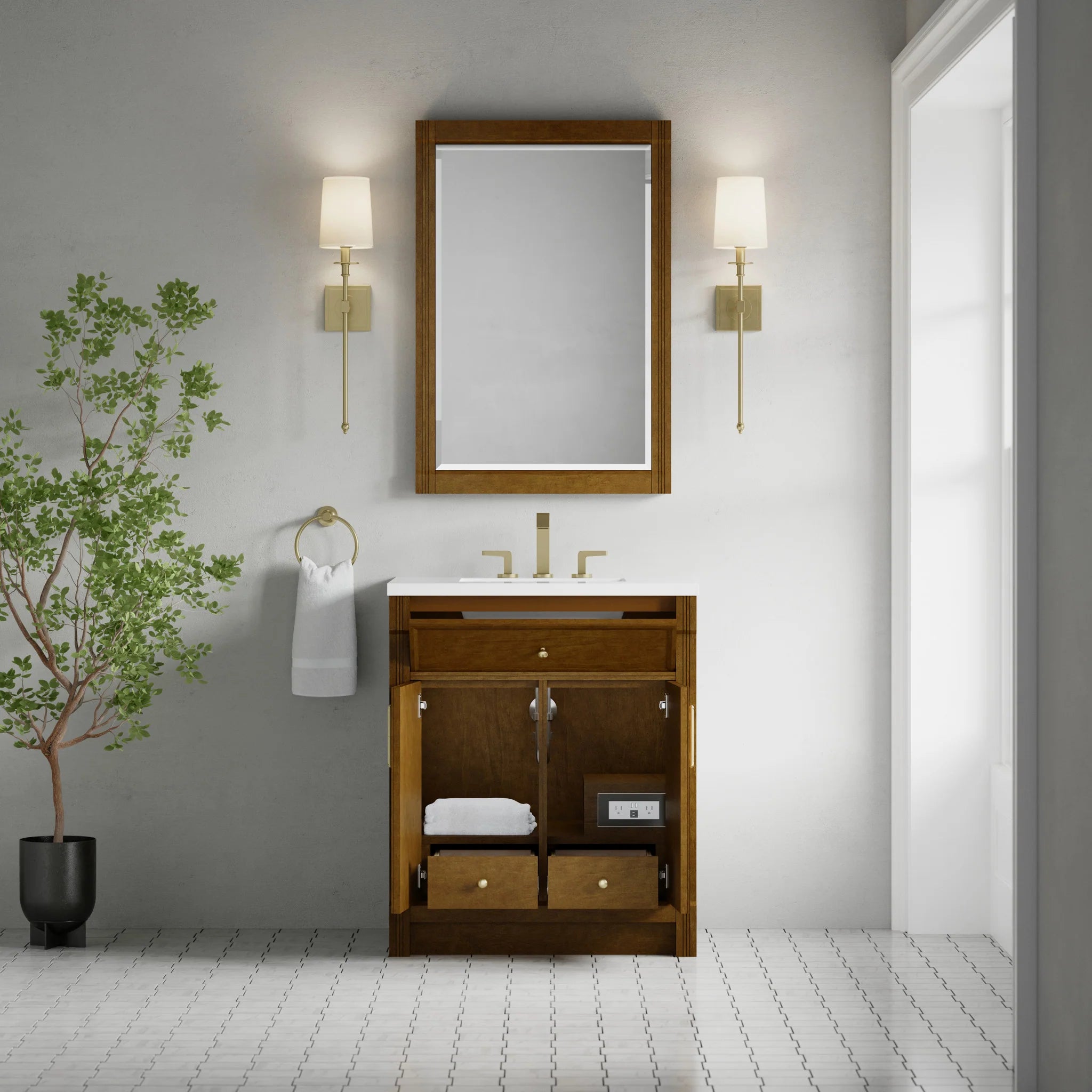 30" Bellshire Single Vanity in Honey Oak by James Martin Vanities-White Zeus Silestone 6