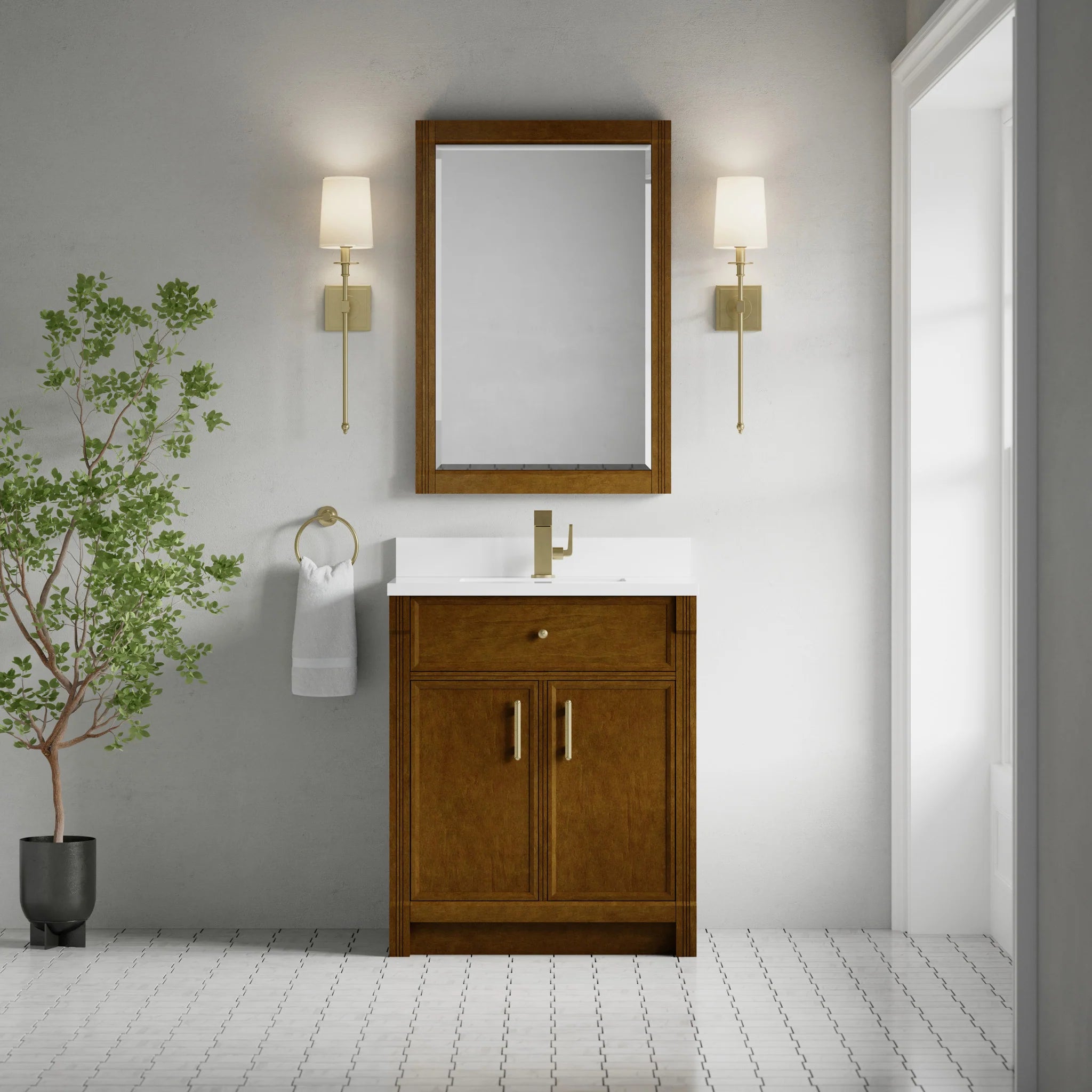 30" Bellshire Single Vanity in Honey Oak by James Martin Vanities-White Zeus Silestone & Backsplash 2