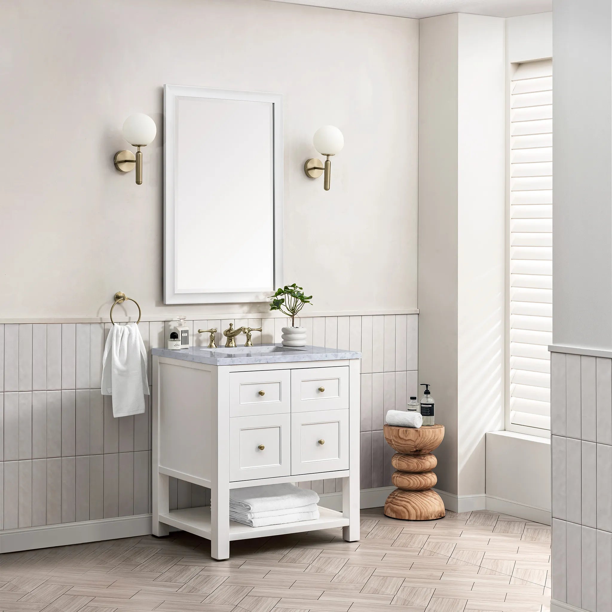 30" Breckenridge Single Vanity in Bright White-Carrara White Marble-8" Widespread image 2