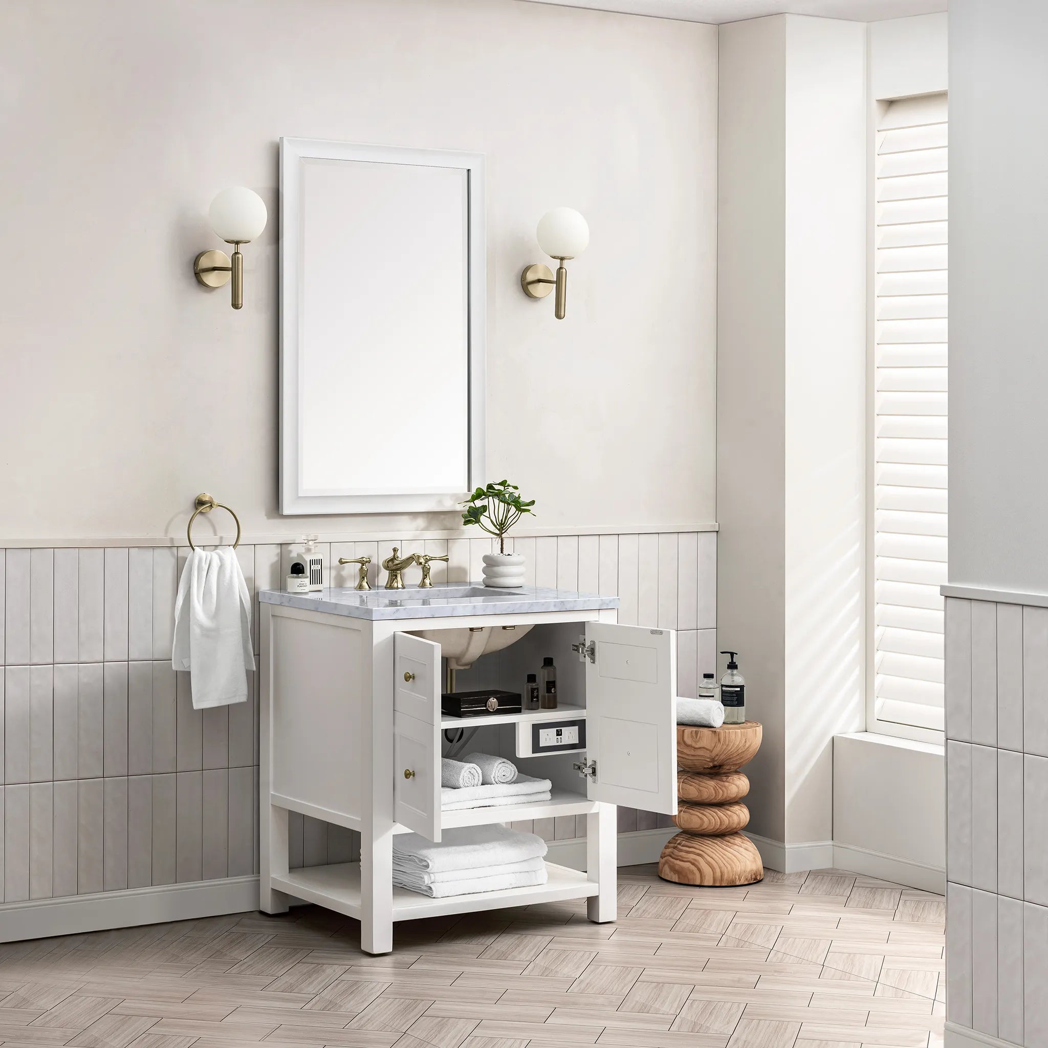 30" Breckenridge Single Vanity in Bright White-Carrara White Marble-8" Widespread image 3