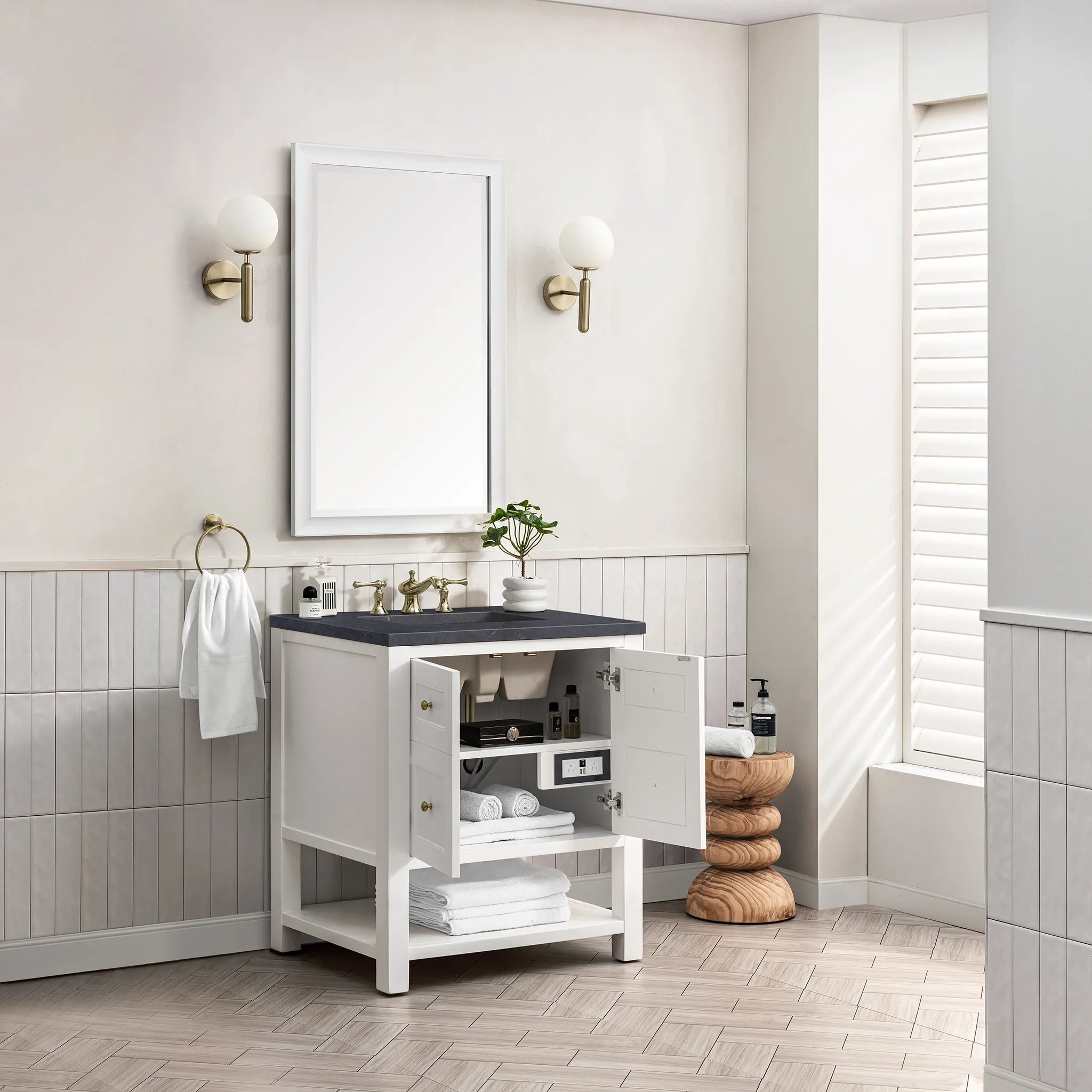 30" Breckenridge Single Vanity in Bright White-Charcoal Soapstone Silestone-8" Widespread image 3