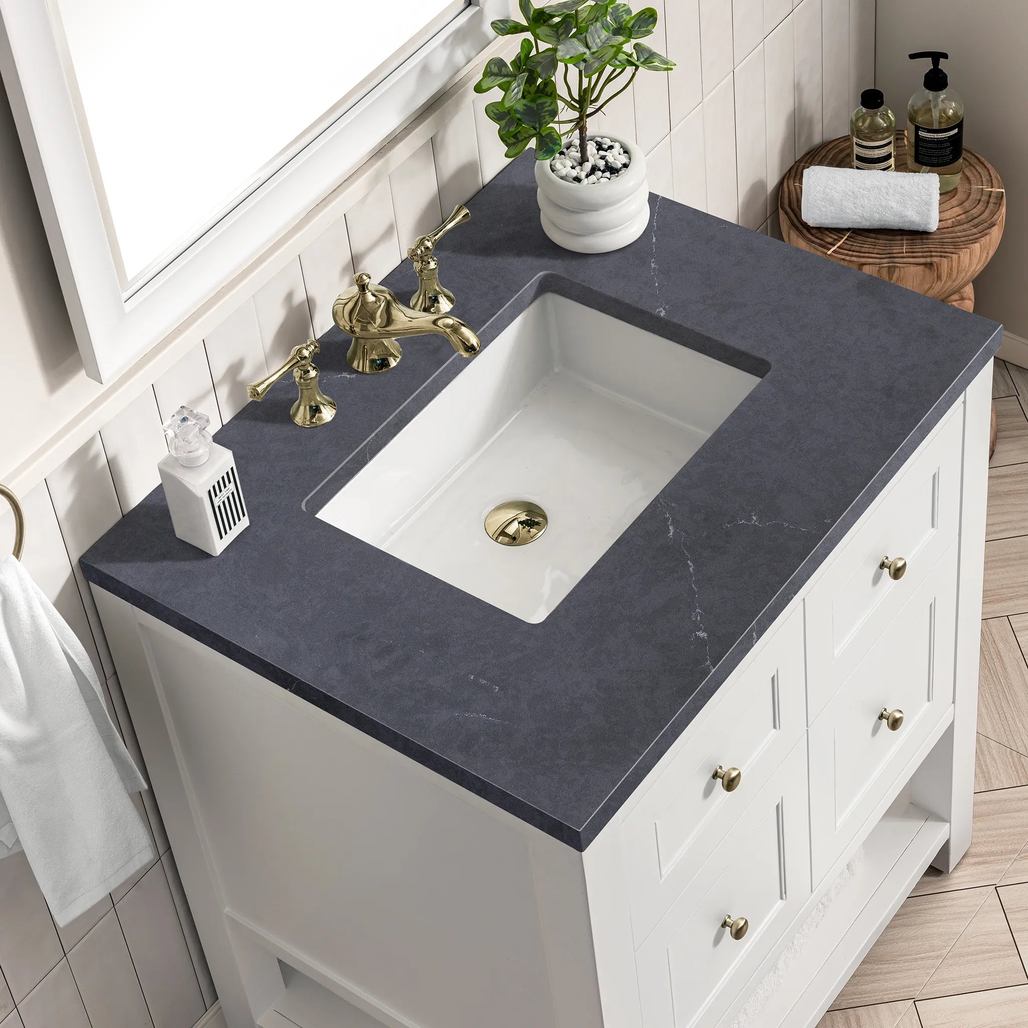 30" Breckenridge Single Vanity in Bright White-Charcoal Soapstone Silestone-8" Widespread image 4
