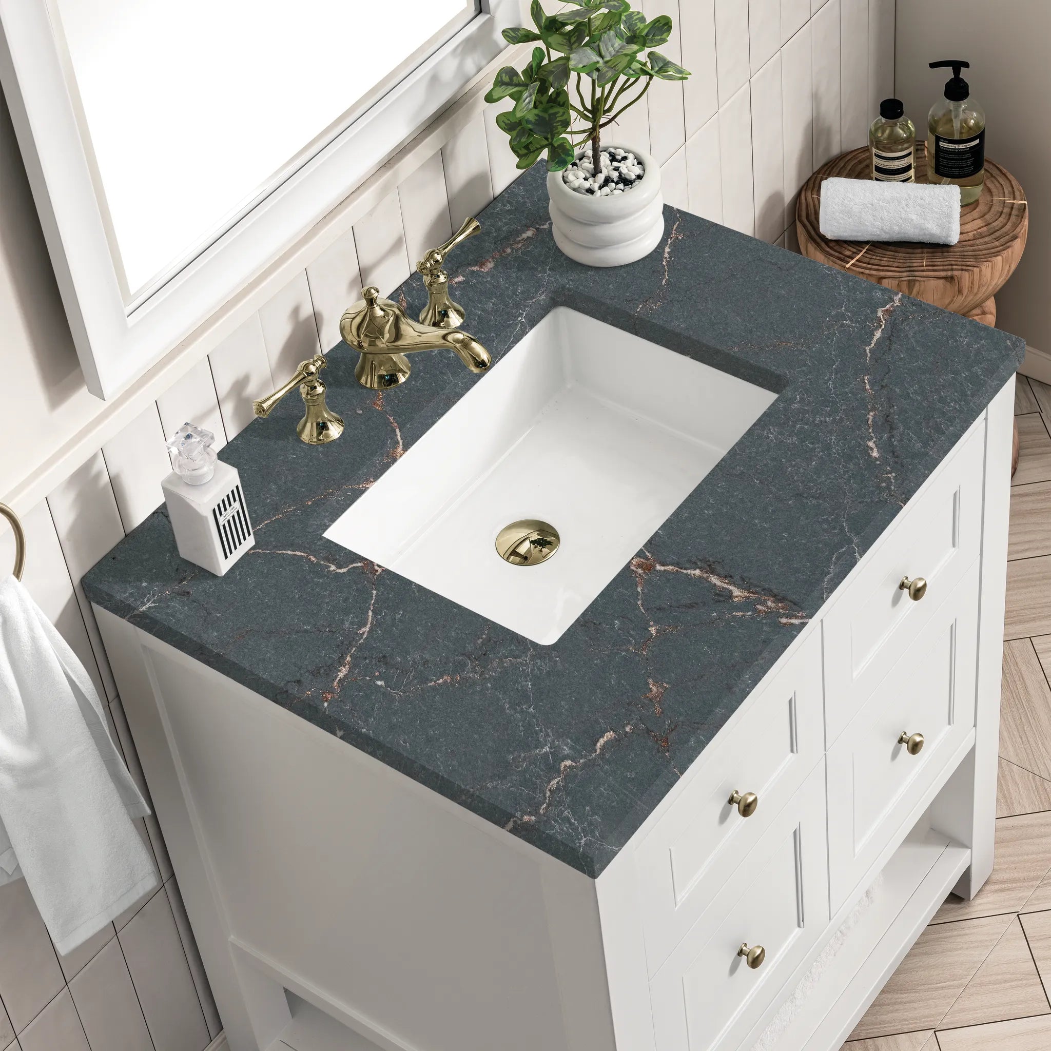 30" Breckenridge Single Vanity in Bright White-Parisien Bleu Silestone-8" Widespread image 4