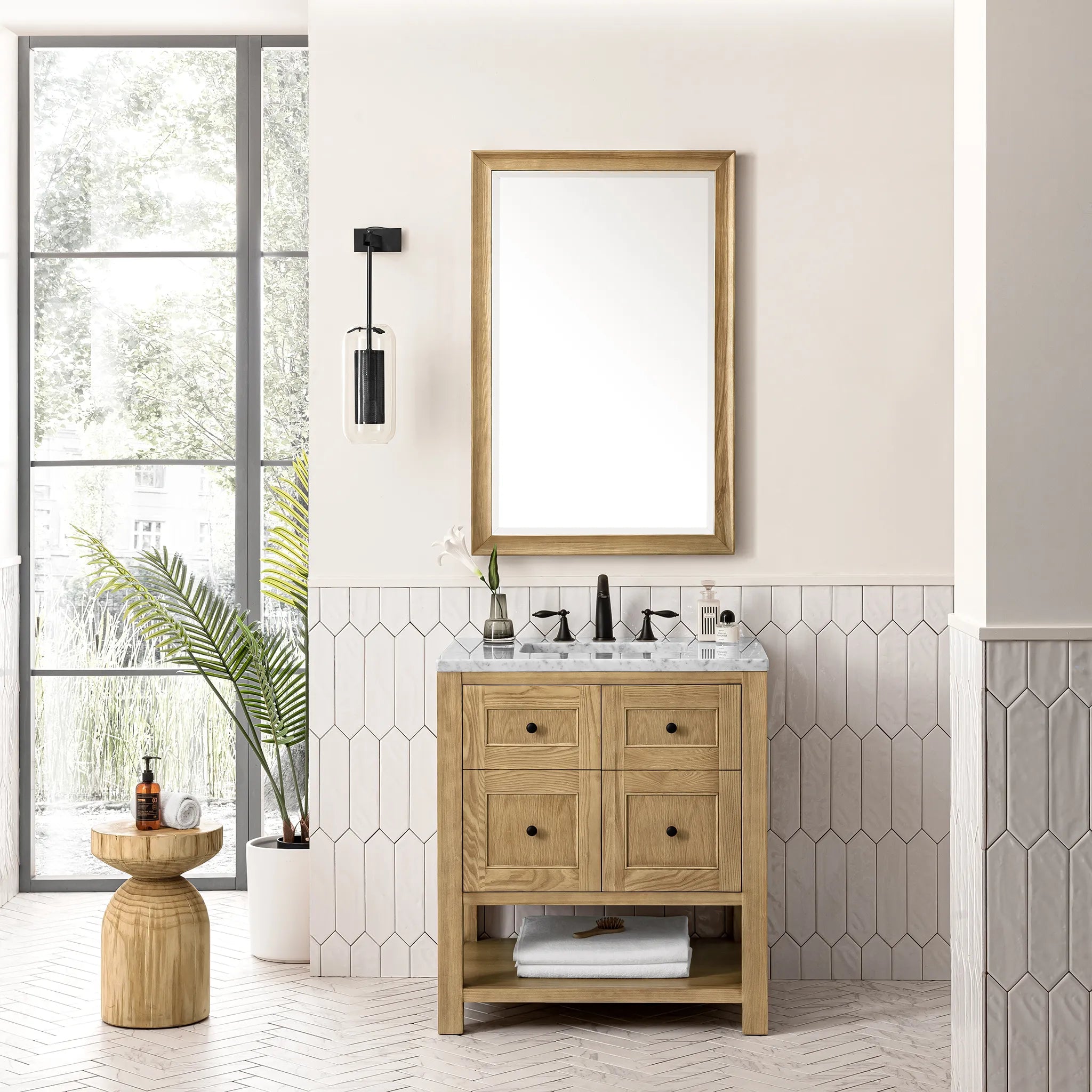 30" Breckenridge Single Vanity in Light Natural Oak-Carrara White Marble-8" Widespread image 1