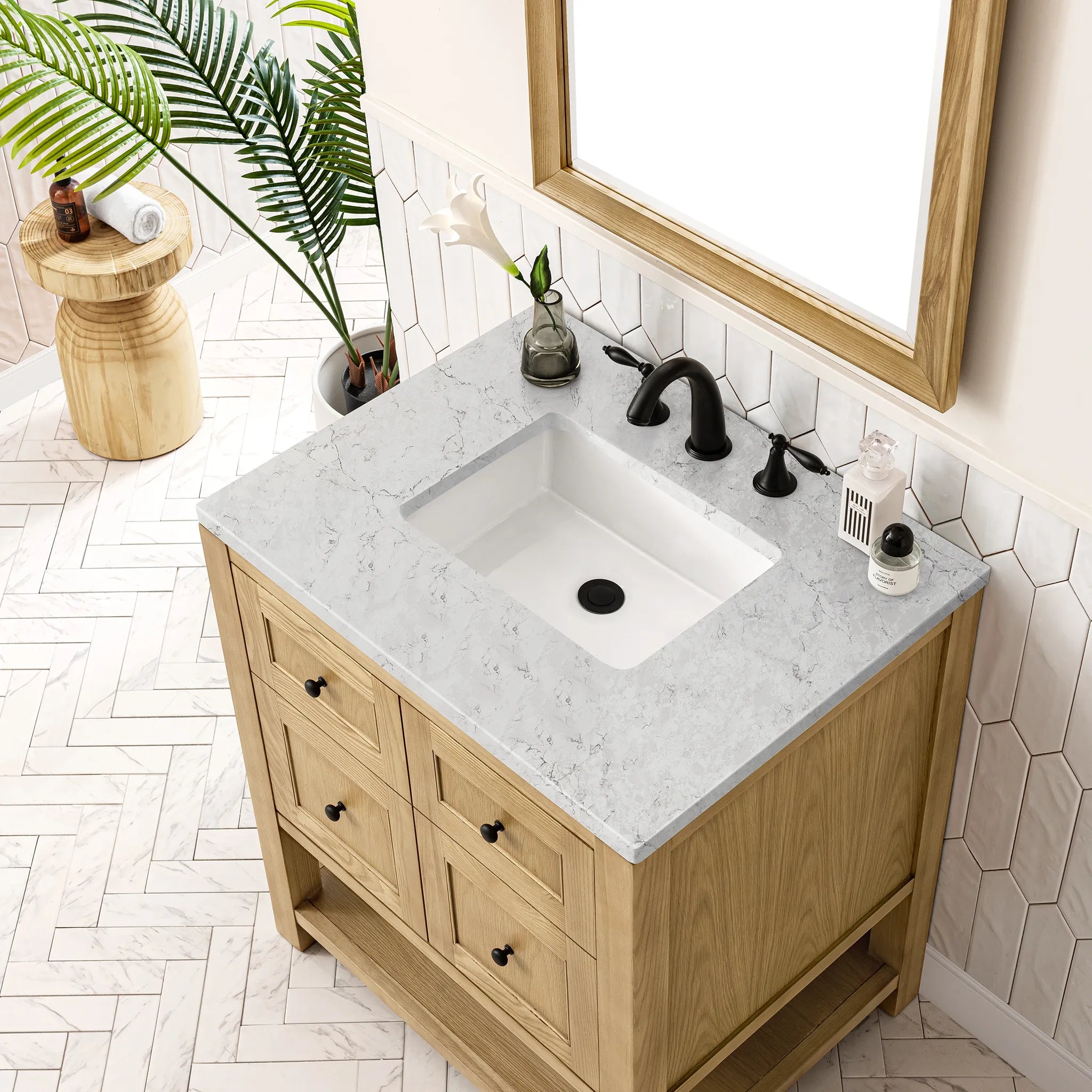 30" Breckenridge Single Vanity in Light Natural Oak-Eternal Jasmine Pearl Silestone-8" Widespread image 4