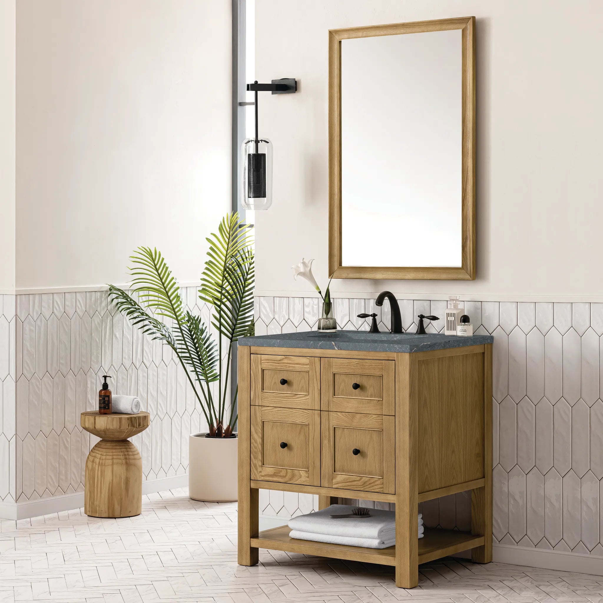 30" Breckenridge Single Vanity in Light Natural Oak-Parisien Bleu Silestone-8" Widespread image 2