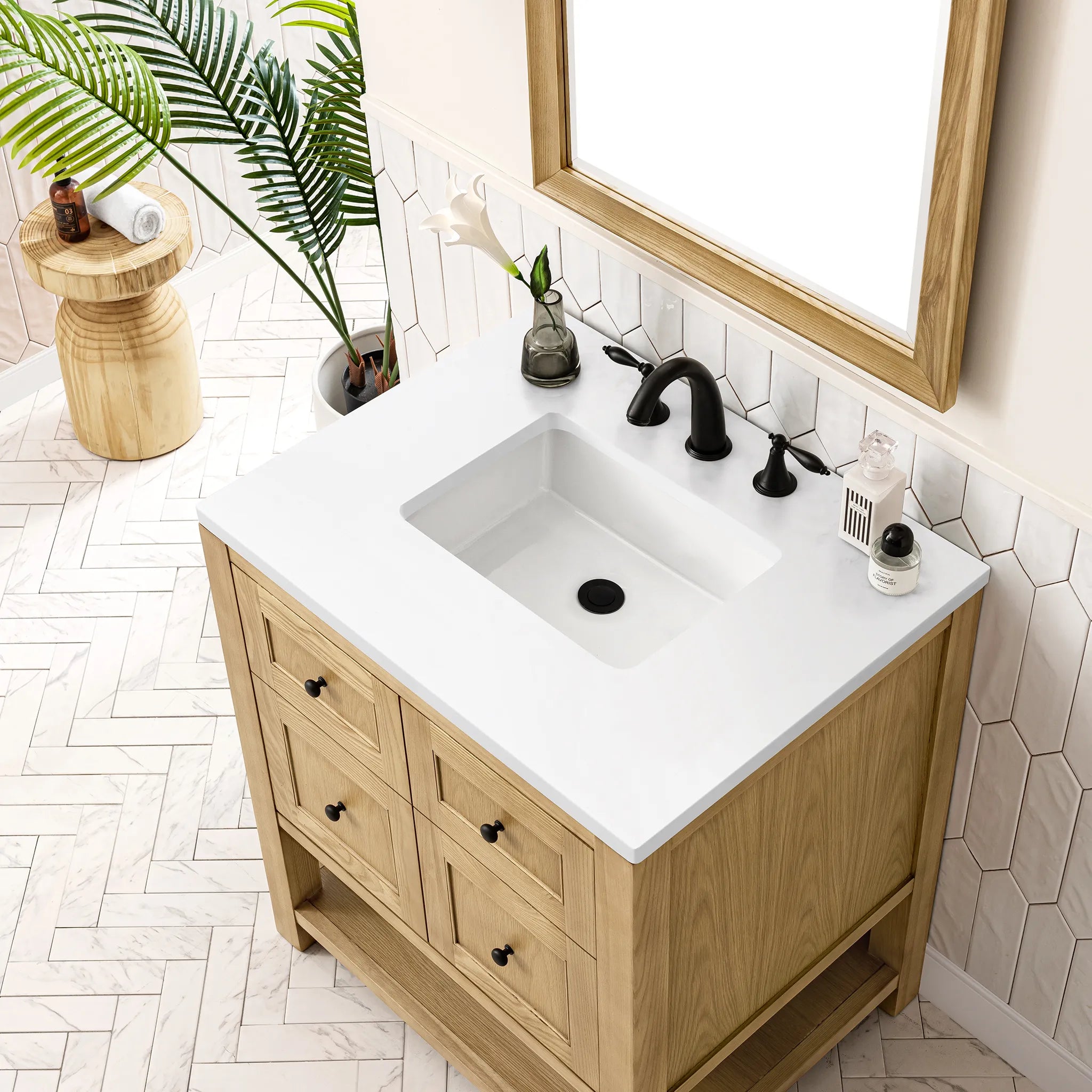 30" Breckenridge Single Vanity in Light Natural Oak-White Zeus Silestone-8" Widespread image 7