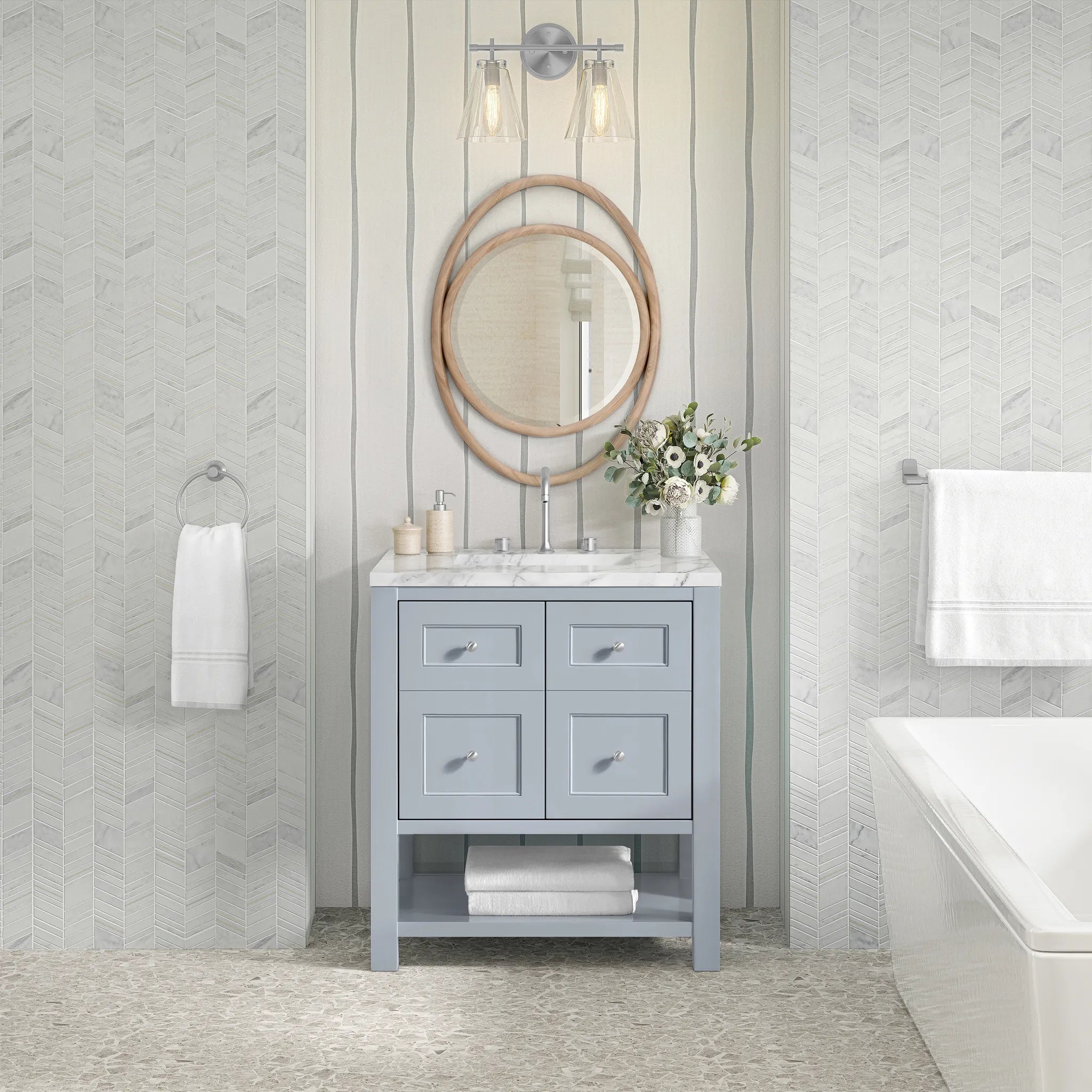 30" Breckenridge Single Vanity in Serenity Blue-Carrara White Marble-8" Widespread image 2