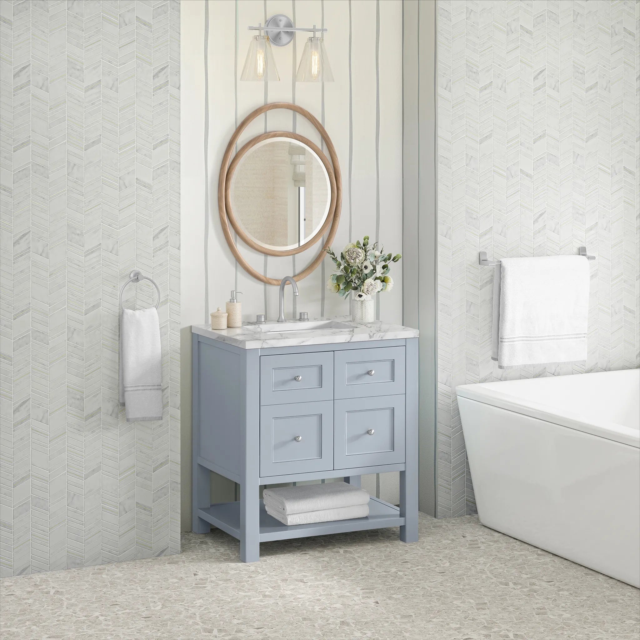 30" Breckenridge Single Vanity in Serenity Blue-Carrara White Marble-8" Widespread image 3