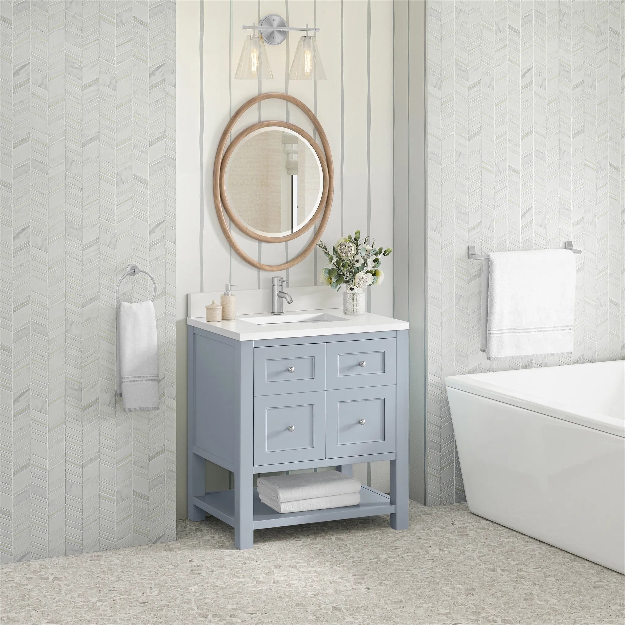 30" Breckenridge Single Vanity in Serenity Blue-White Zeus Silestone & Backsplash-Single Hole image 3