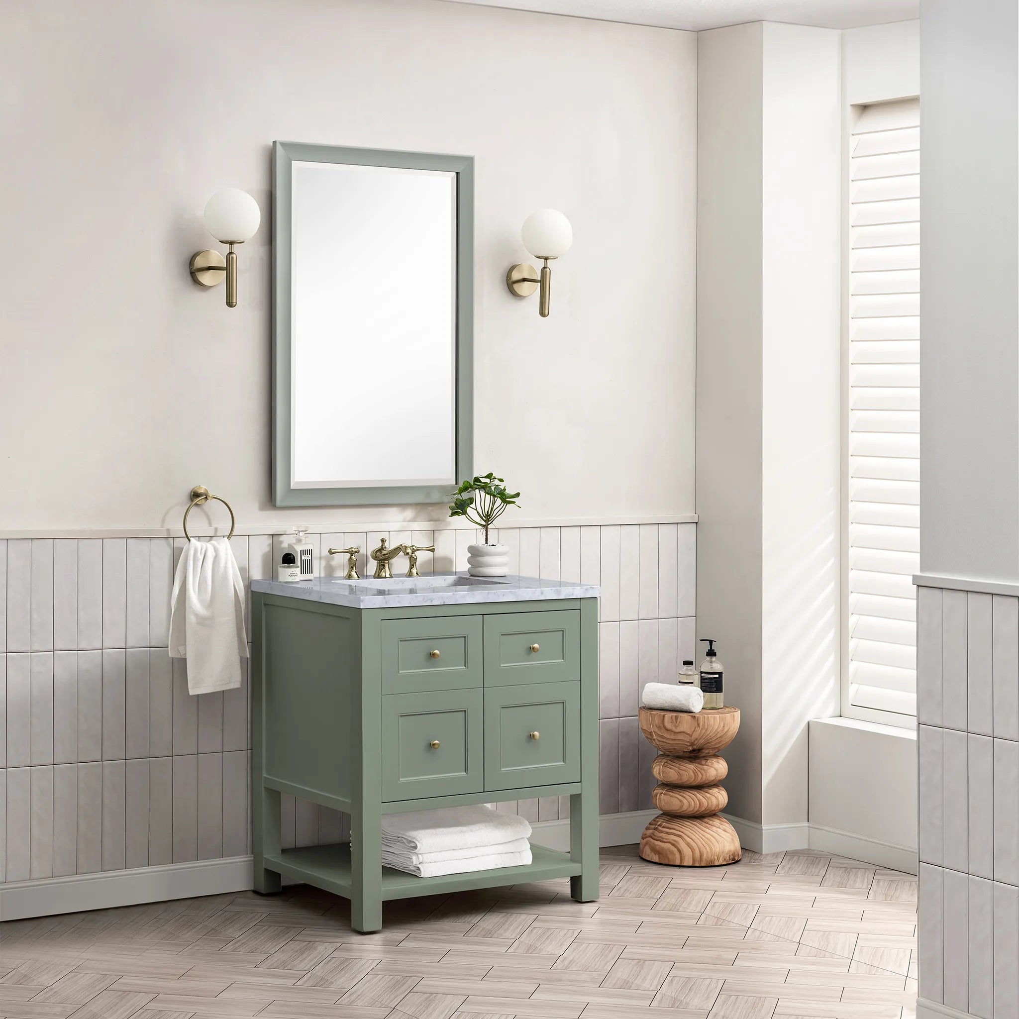 30" Breckenridge Single Vanity in Smokey Celadon-Carrara White Marble-8" Widespread image 2