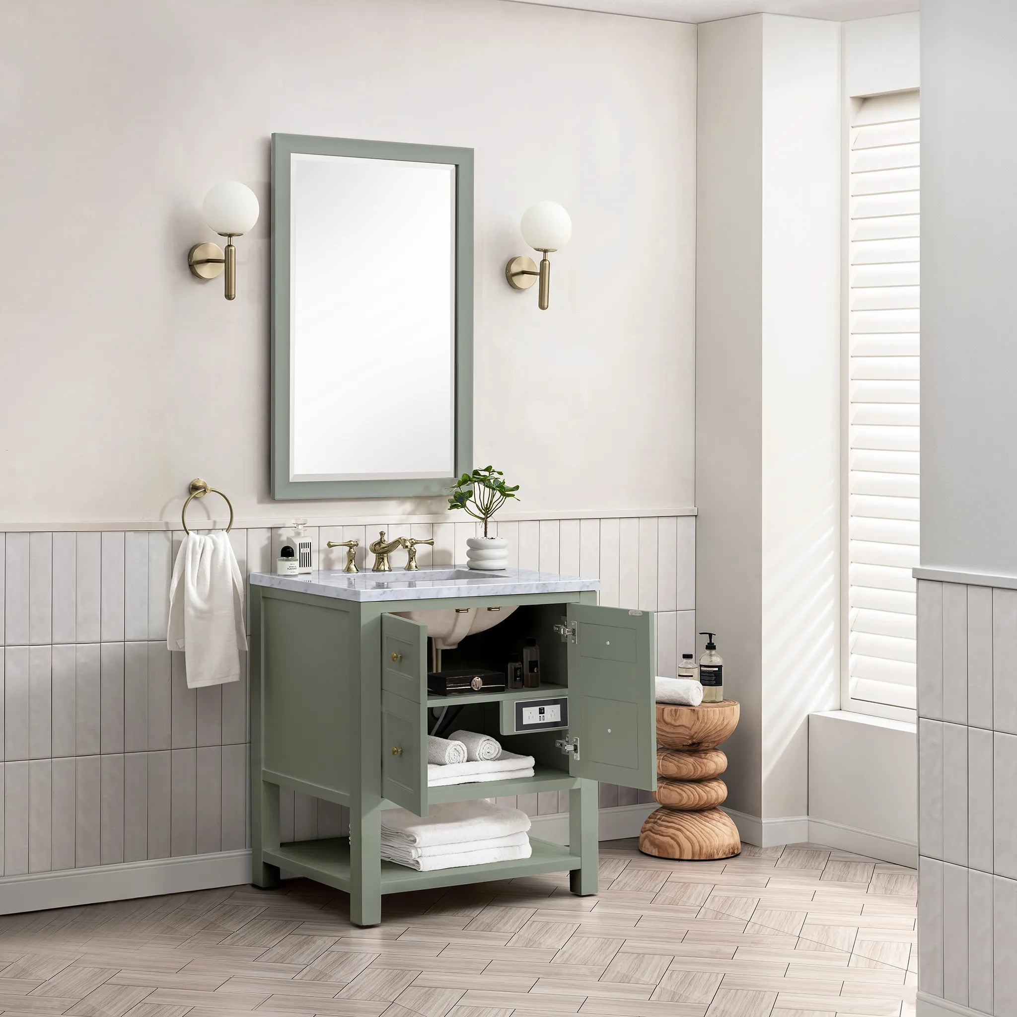 30" Breckenridge Single Vanity in Smokey Celadon-Carrara White Marble-8" Widespread image 3