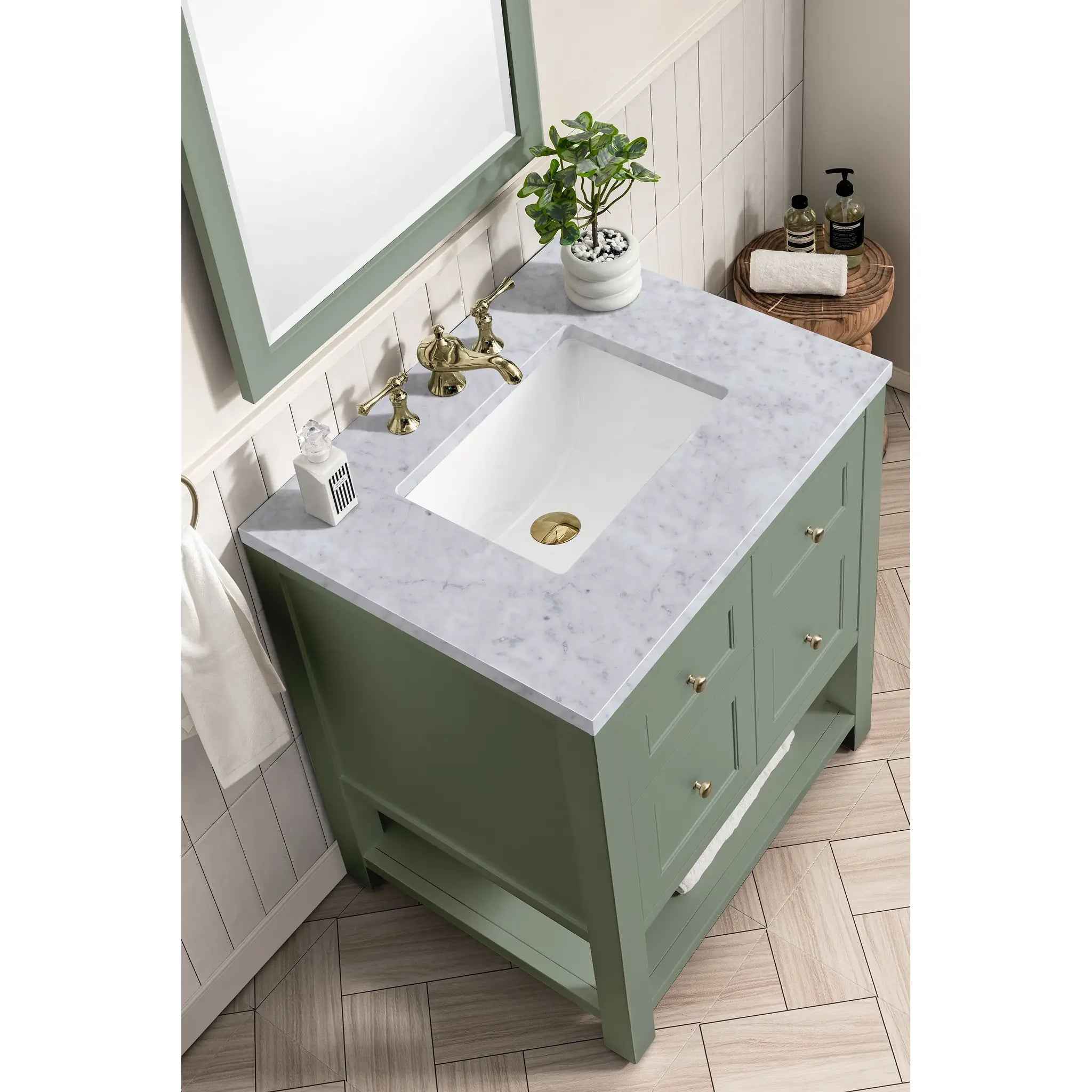 30" Breckenridge Single Vanity in Smokey Celadon-Carrara White Marble-8" Widespread image 4