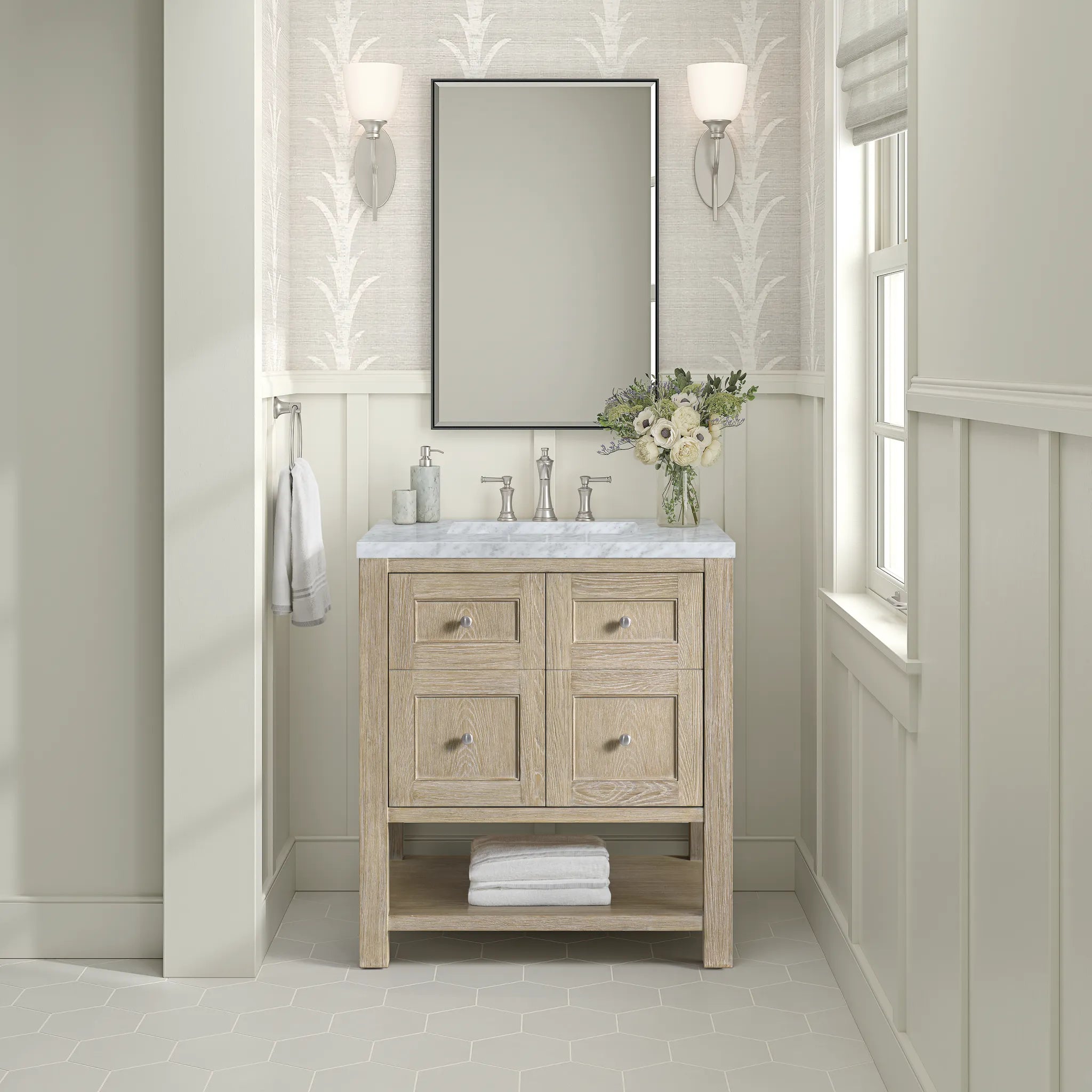 30" Breckenridge Single Vanity in Whitewashed Oak-Carrara White Marble-8" Widespread image 2