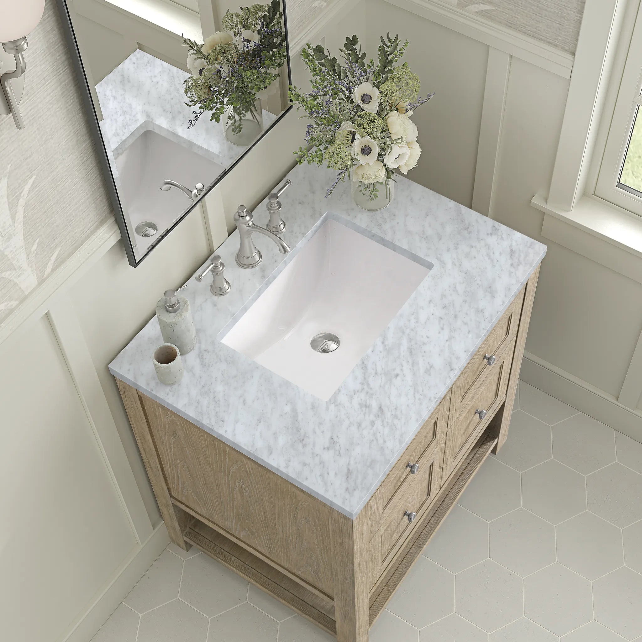 30" Breckenridge Single Vanity in Whitewashed Oak-Carrara White Marble-8" Widespread image 6