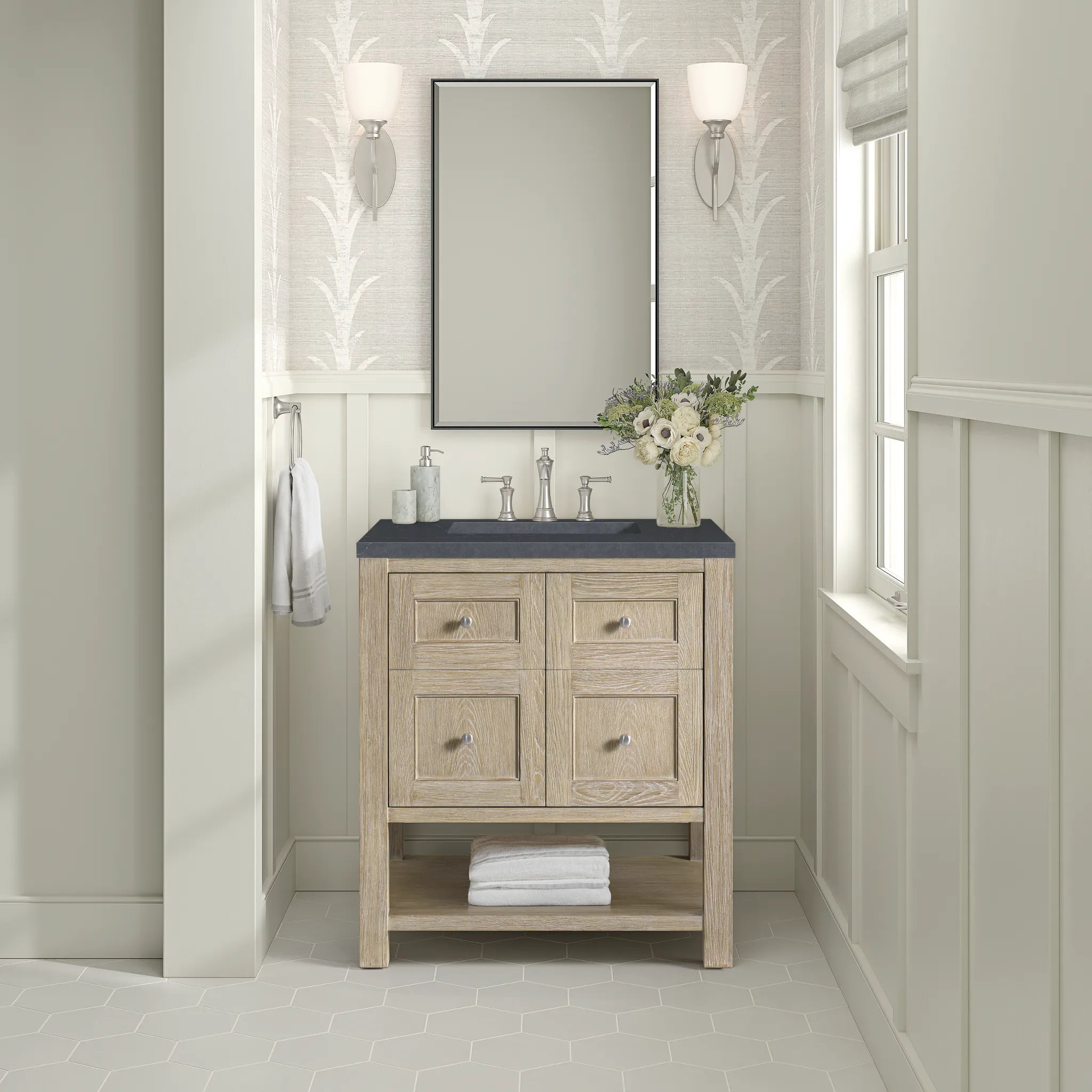 30" Breckenridge Single Vanity in Whitewashed Oak-Charcoal Soapstone Silestone-8" Widespread image 2