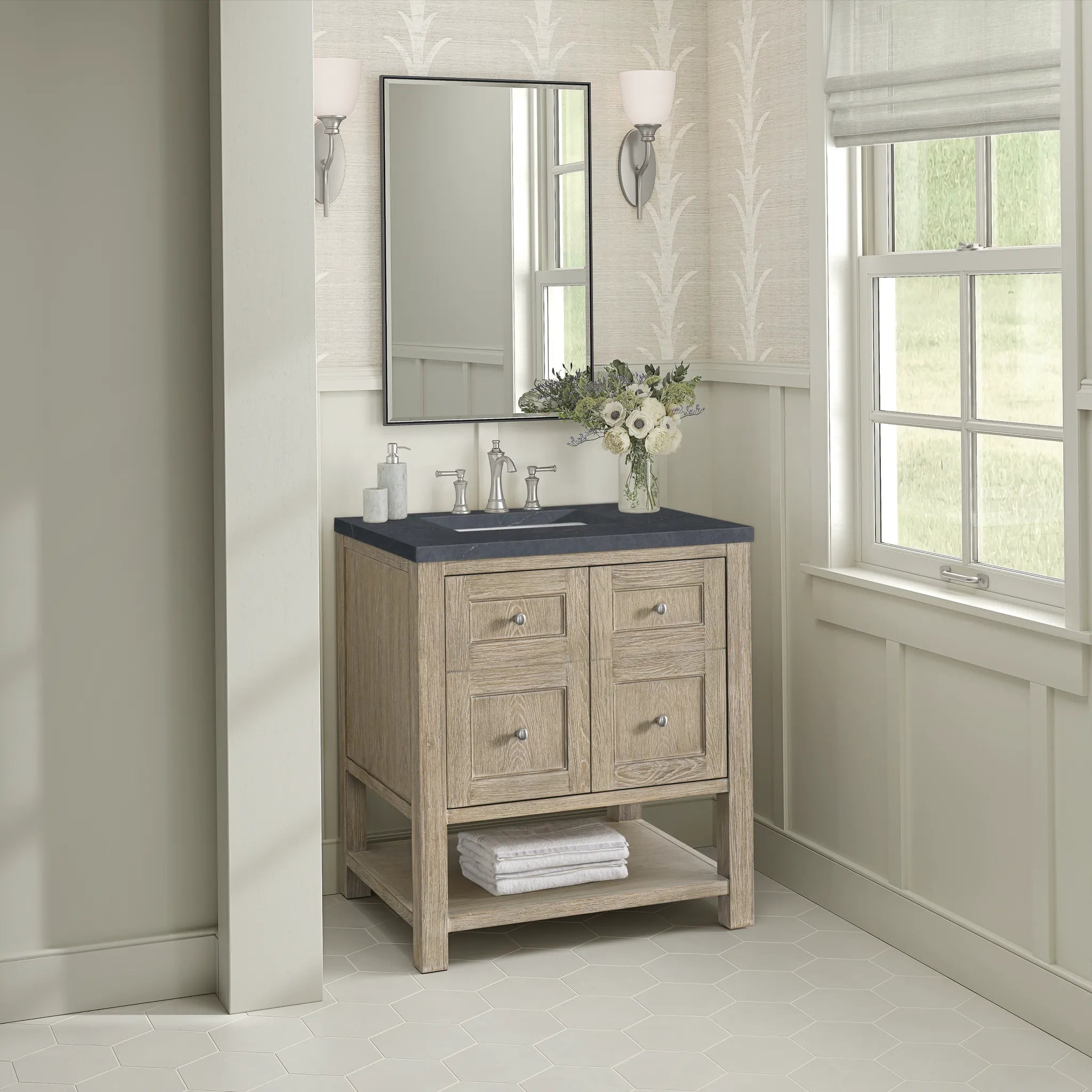 30" Breckenridge Single Vanity in Whitewashed Oak-Charcoal Soapstone Silestone-8" Widespread image 3