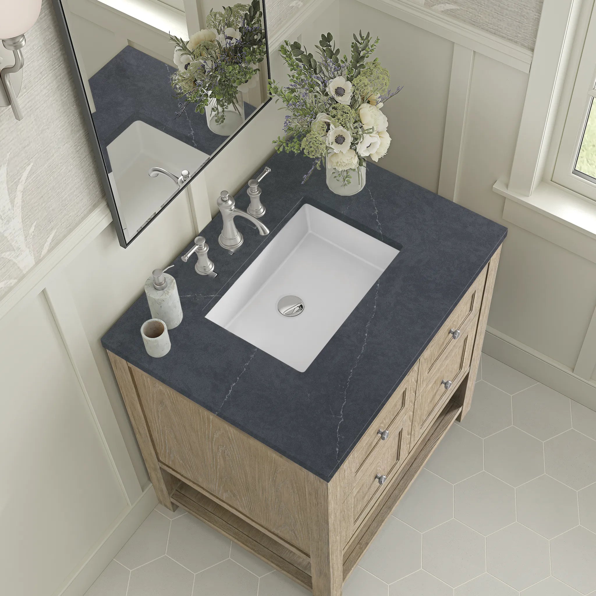 30" Breckenridge Single Vanity in Whitewashed Oak-Charcoal Soapstone Silestone-8" Widespread image 6