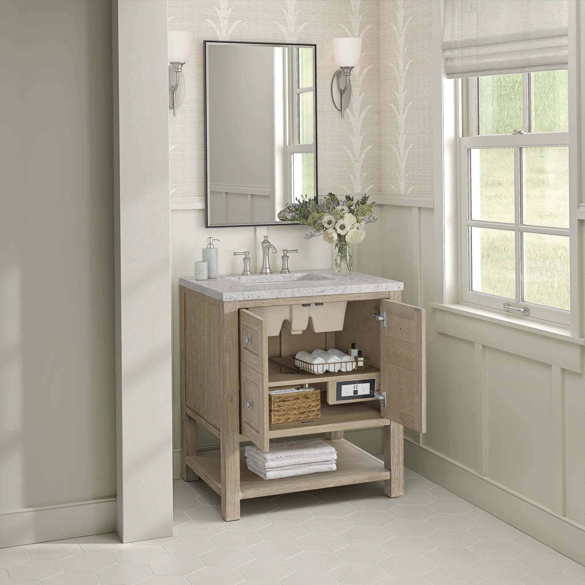 30" Breckenridge Single Vanity in Whitewashed Oak-Eternal Jasmine Pearl Silestone-8" Widespread image 4