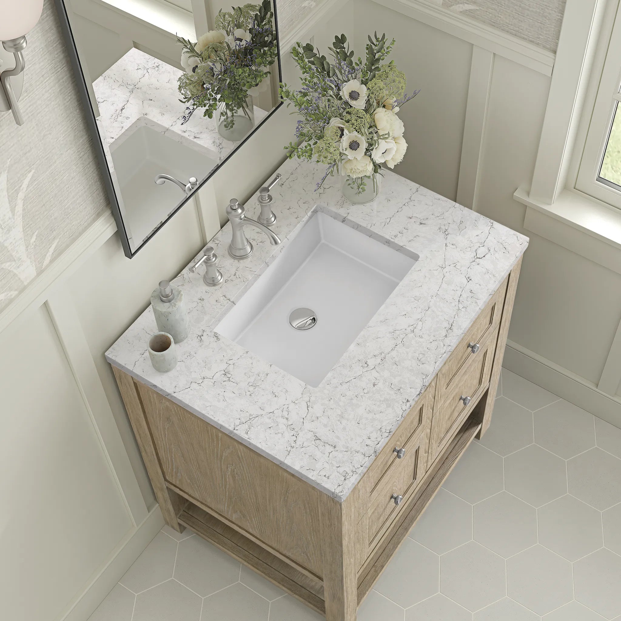 30" Breckenridge Single Vanity in Whitewashed Oak-Eternal Jasmine Pearl Silestone-8" Widespread image 6
