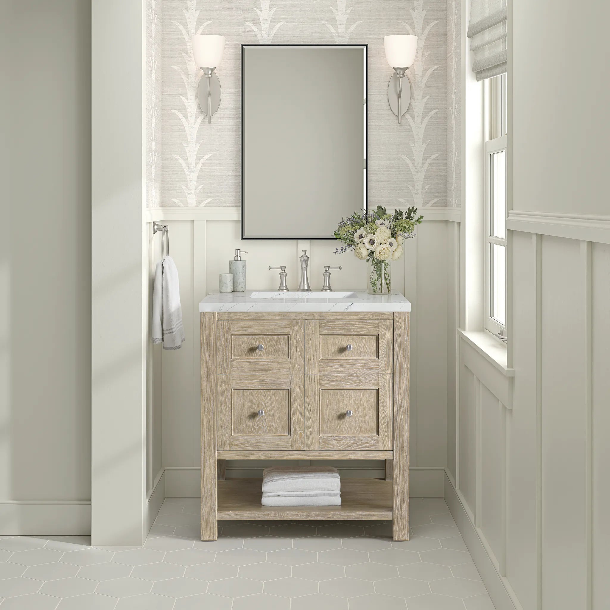 30" Breckenridge Single Vanity in Whitewashed Oak-Ethereal Noctis Silestone-8" Widespread image 2