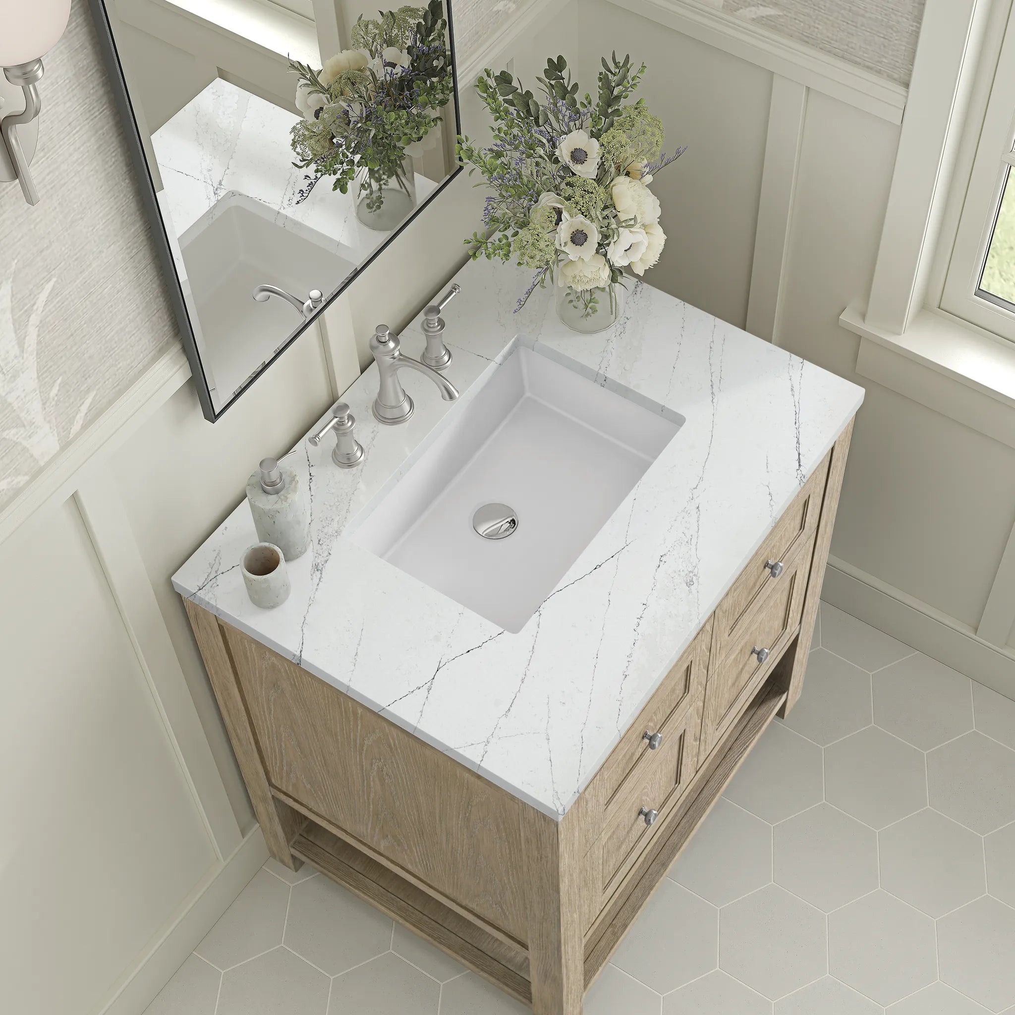 30" Breckenridge Single Vanity in Whitewashed Oak-Ethereal Noctis Silestone-8" Widespread image 6