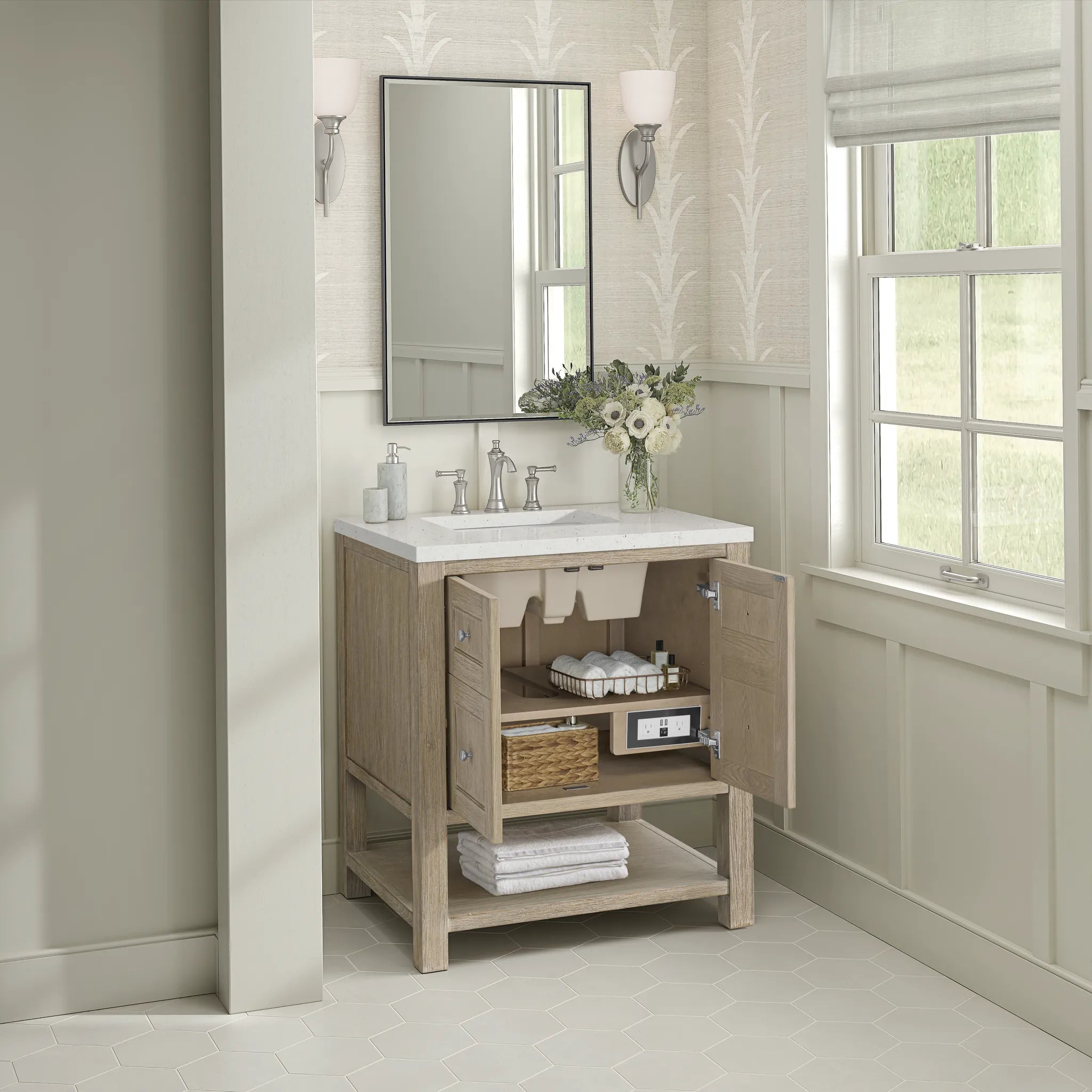 30" Breckenridge Single Vanity in Whitewashed Oak-Lime Delight Silestone-8" Widespread image 4