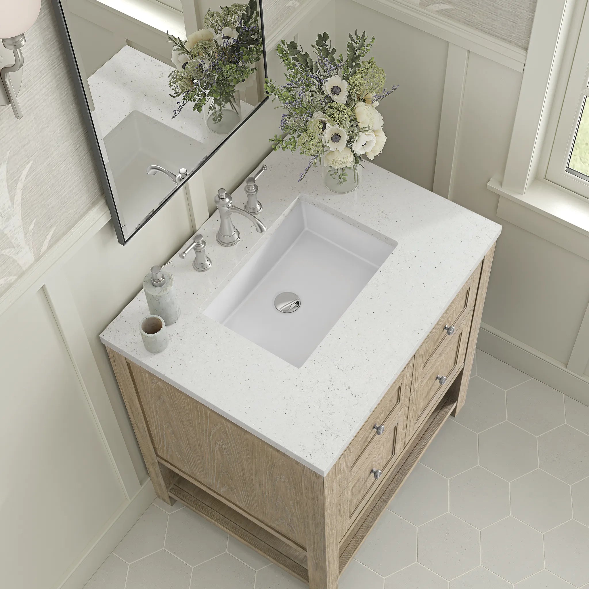 30" Breckenridge Single Vanity in Whitewashed Oak-Lime Delight Silestone-8" Widespread image 6