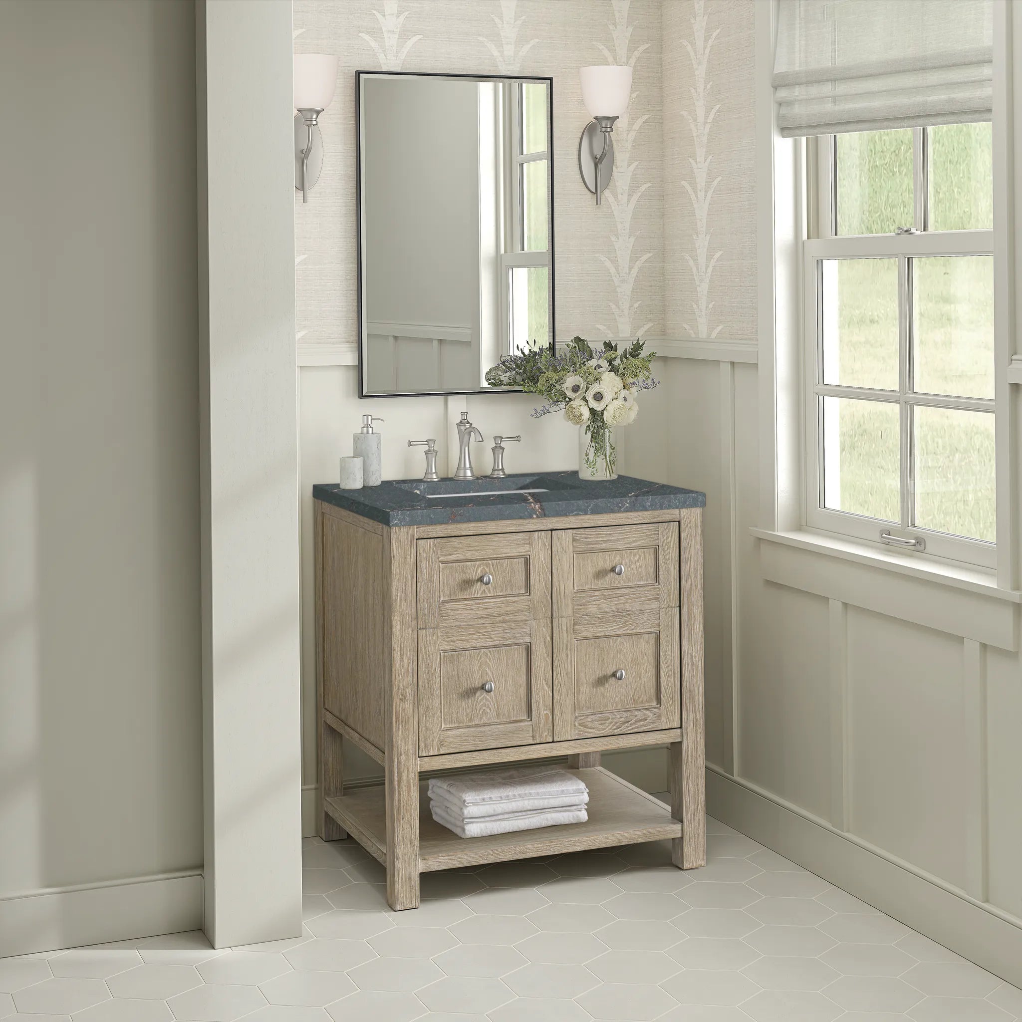30" Breckenridge Single Vanity in Whitewashed Oak-Parisien Bleu Silestone-8" Widespread image 3