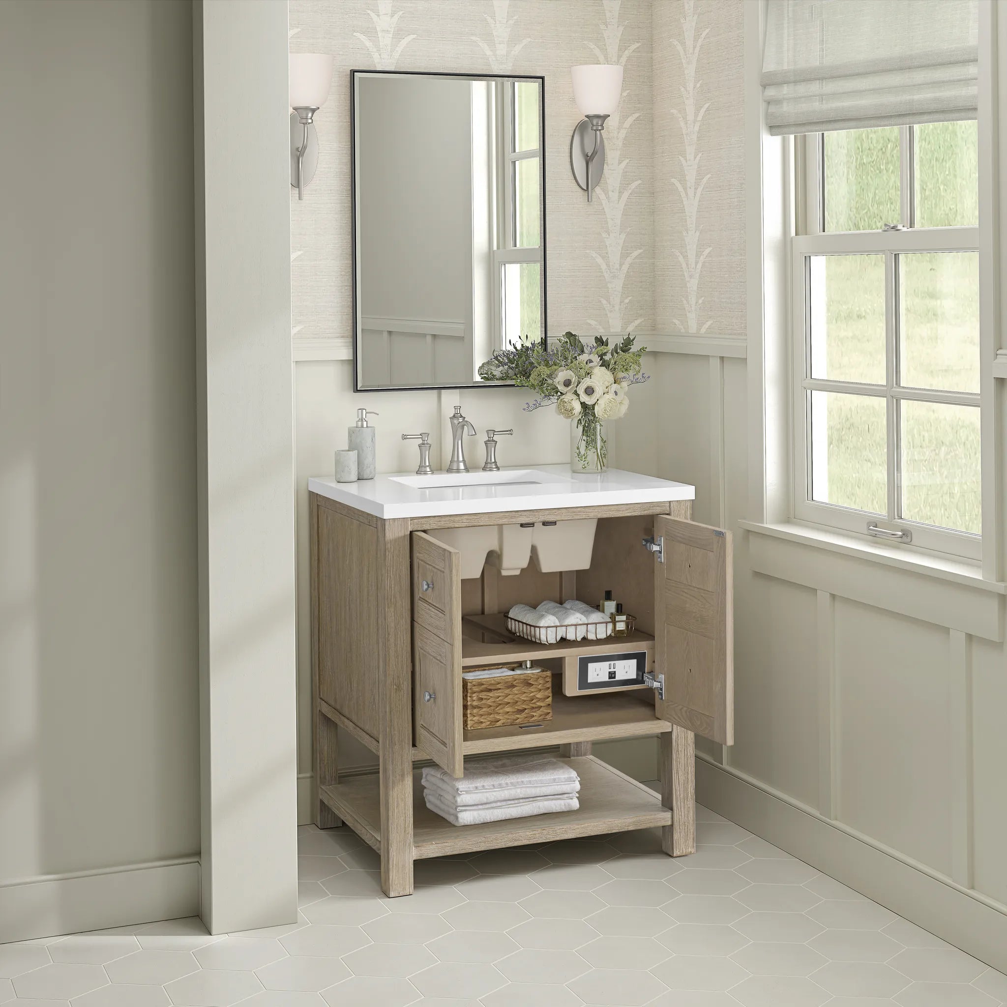 30" Breckenridge Single Vanity in Whitewashed Oak-White Zeus Silestone-8" Widespread image 4