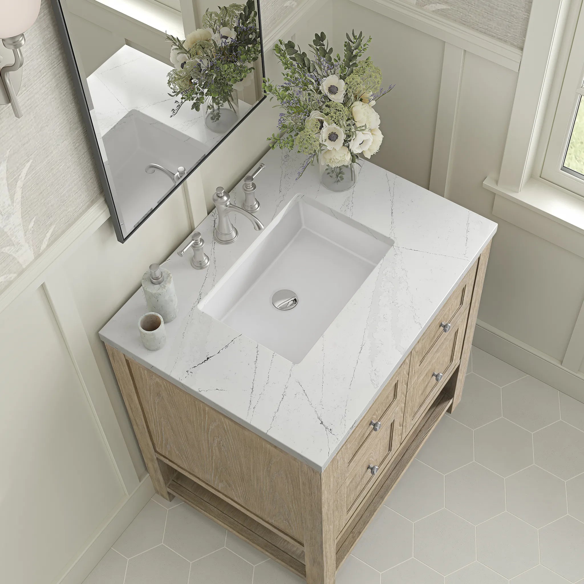 30" Breckenridge Single Vanity in Whitewashed Oak-White Zeus Silestone-8" Widespread image 6