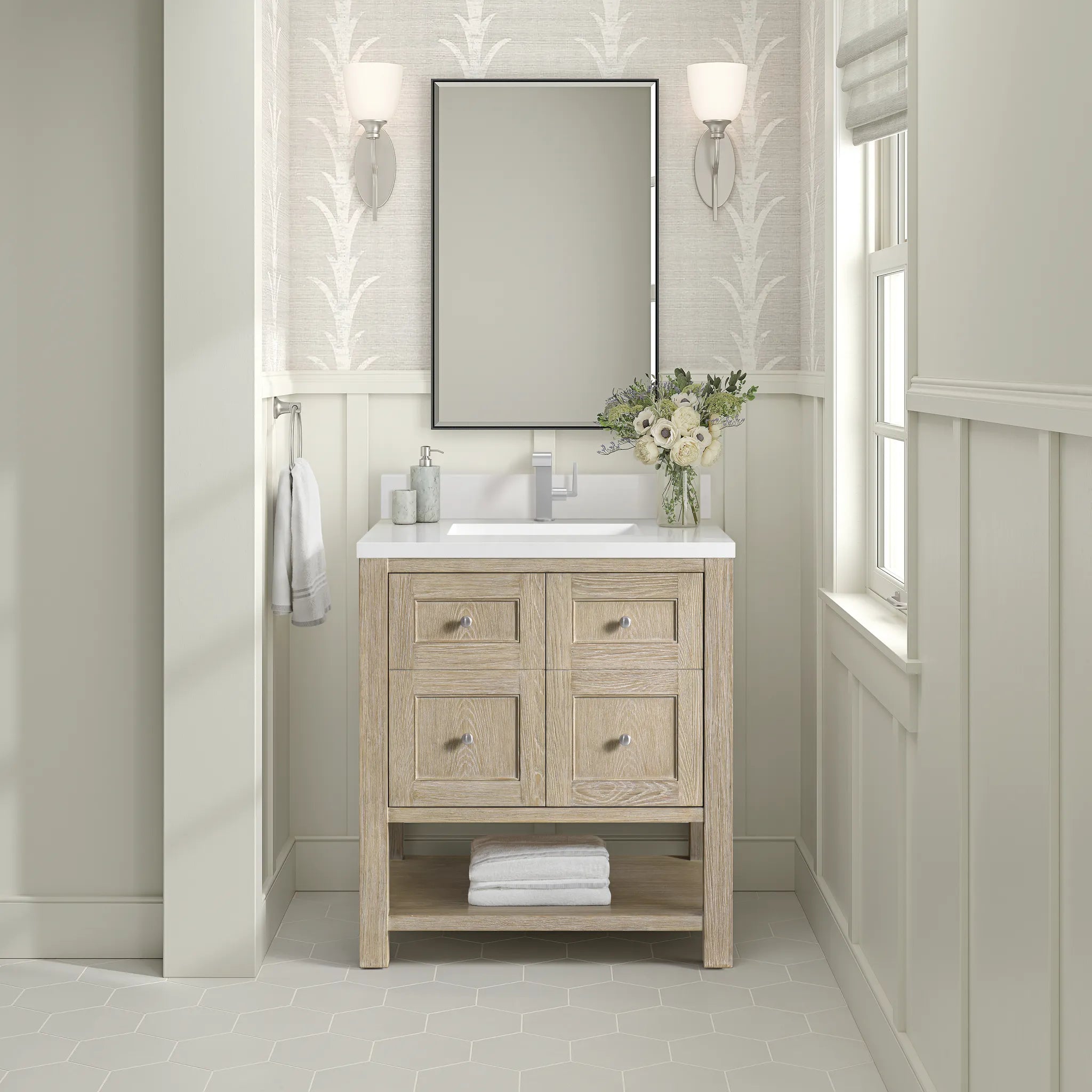 30" Breckenridge Single Vanity in Whitewashed Oak-White Zeus Silestone & Backsplash-Single Hole image 1