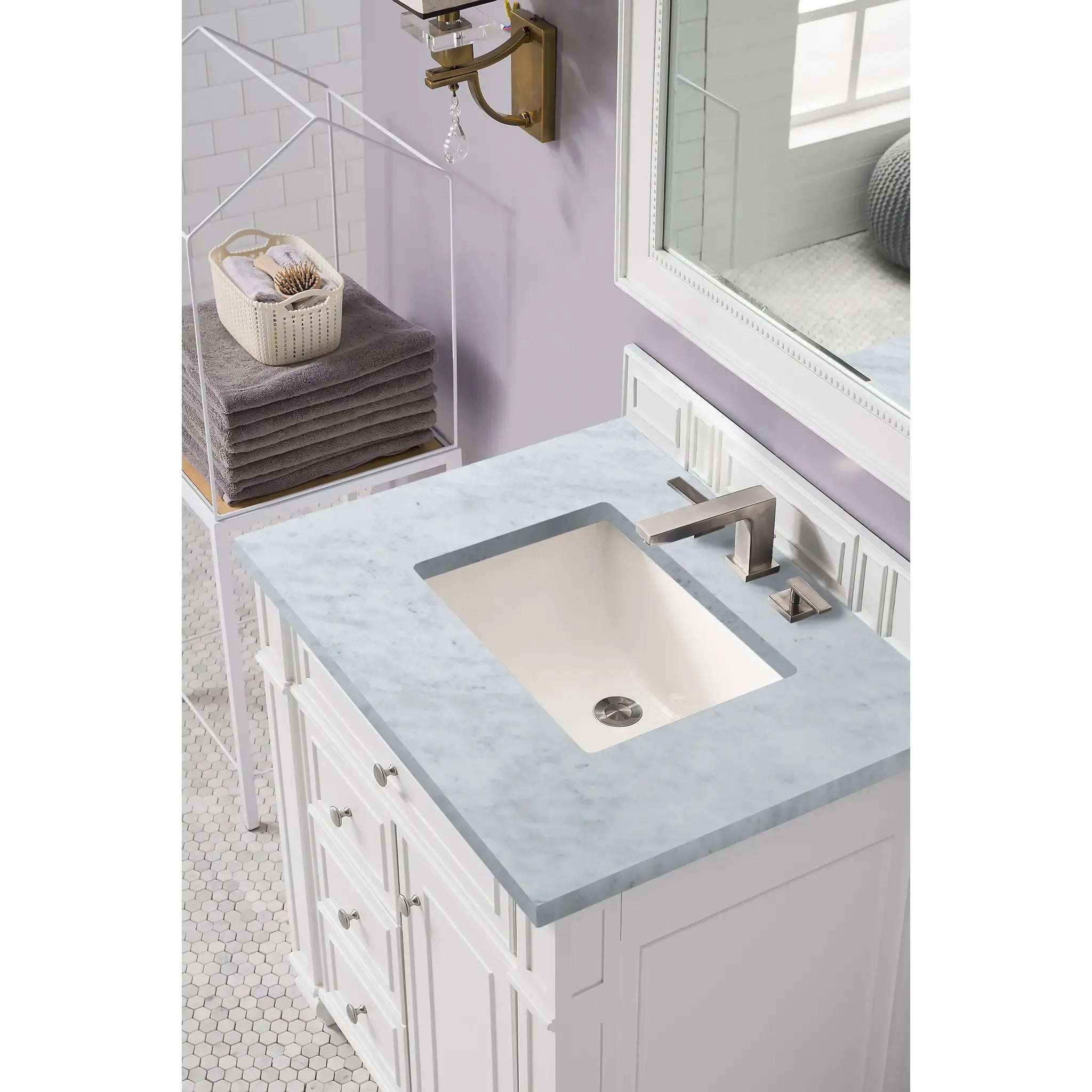 30" Bristol Single Vanity in Bright White-Carrara White Marble-8" Widespread image 2