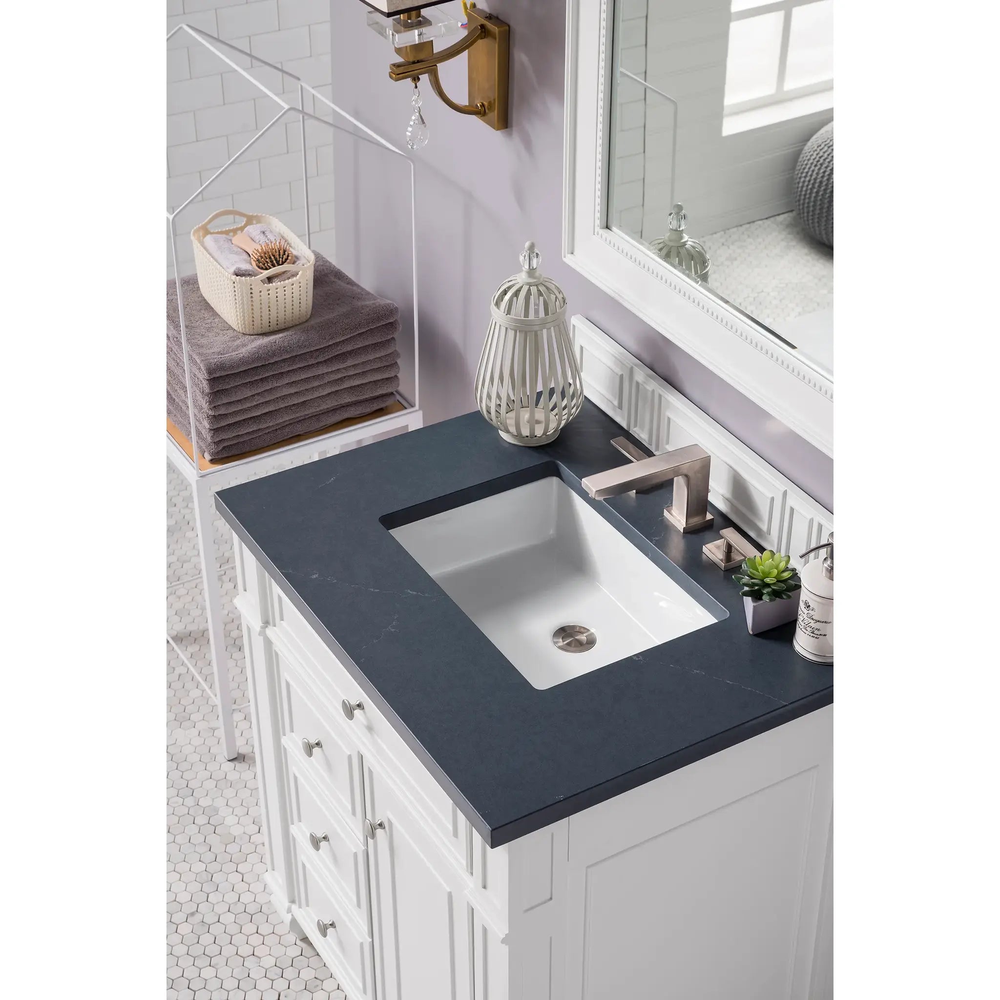 30" Bristol Single Vanity in Bright White-Charcoal Soapstone Silestone-8" Widespread image 2