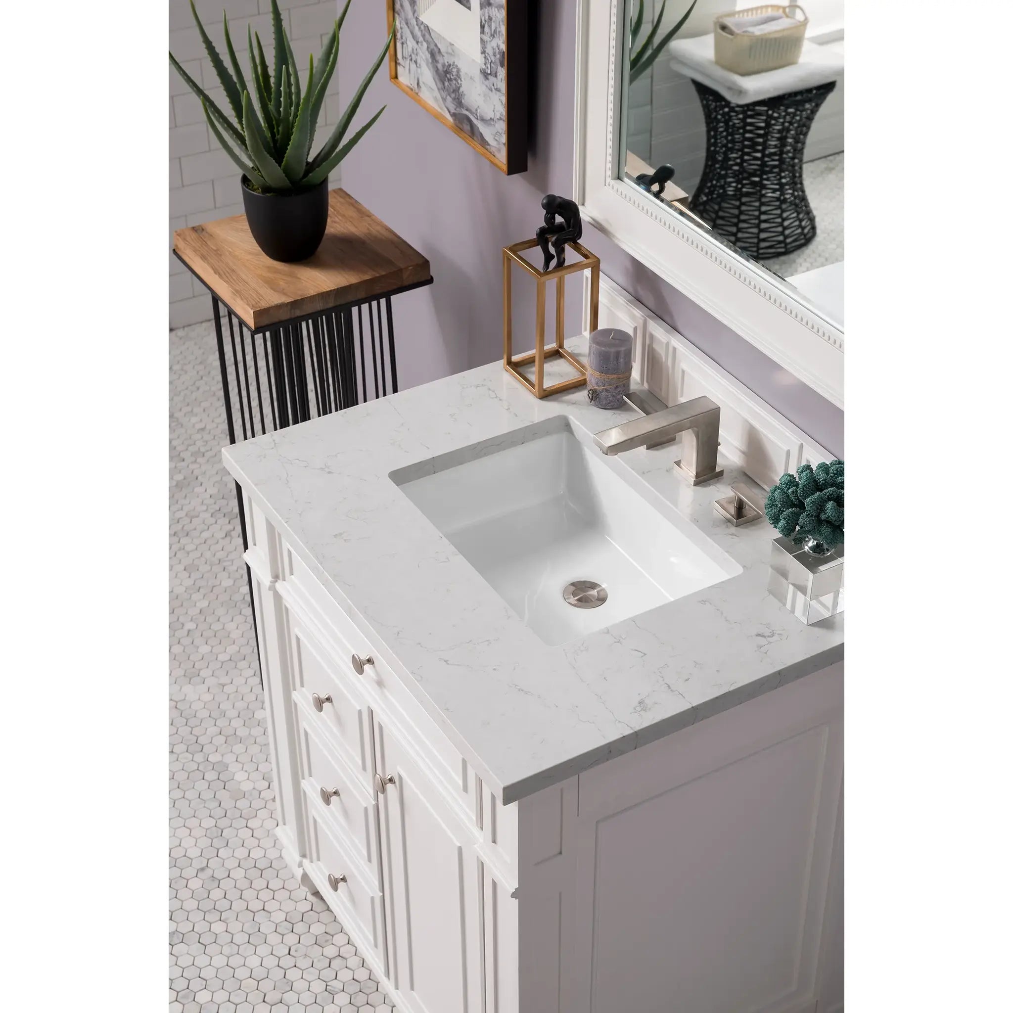 30" Bristol Single Vanity in Bright White-Eternal Jasmine Pearl Silestone-8" Widespread image 2
