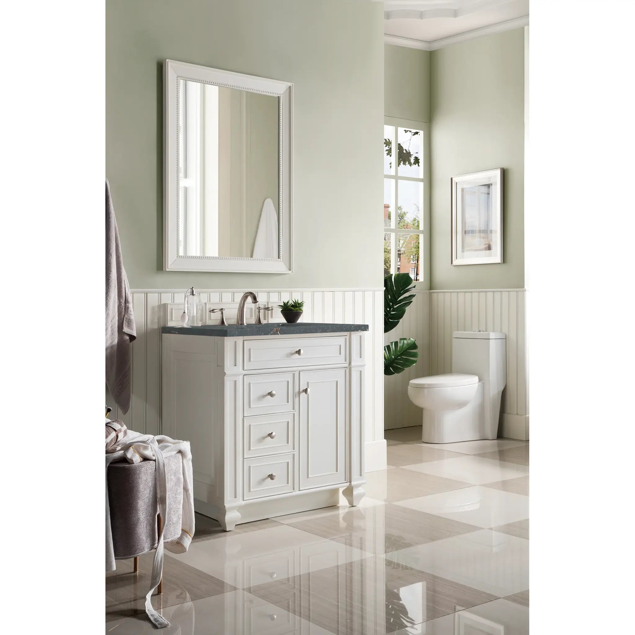 30" Bristol Single Vanity in Bright White-Parisien Bleu Silestone-8" Widespread image 2