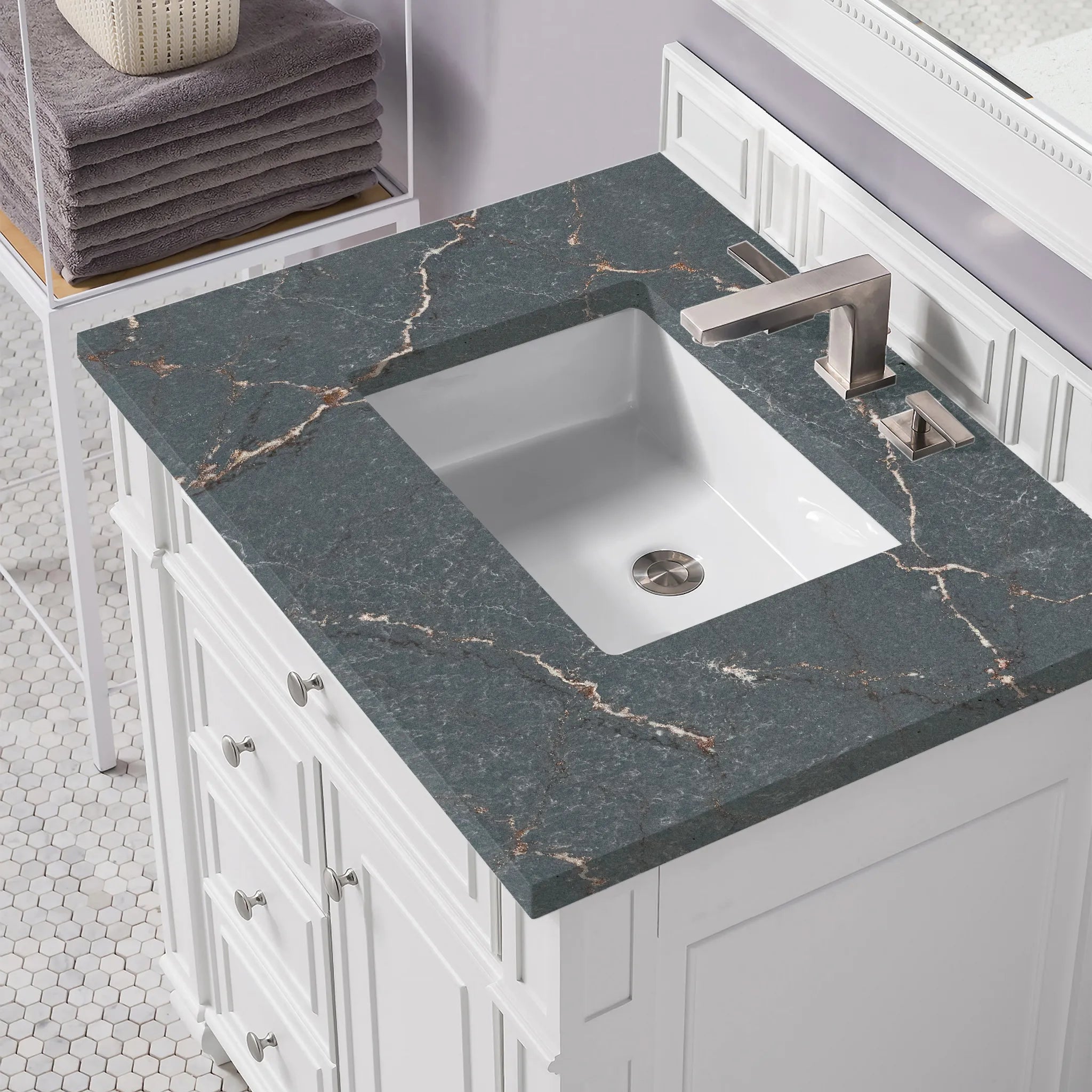 30" Bristol Single Vanity in Bright White-Parisien Bleu Silestone-8" Widespread image 4