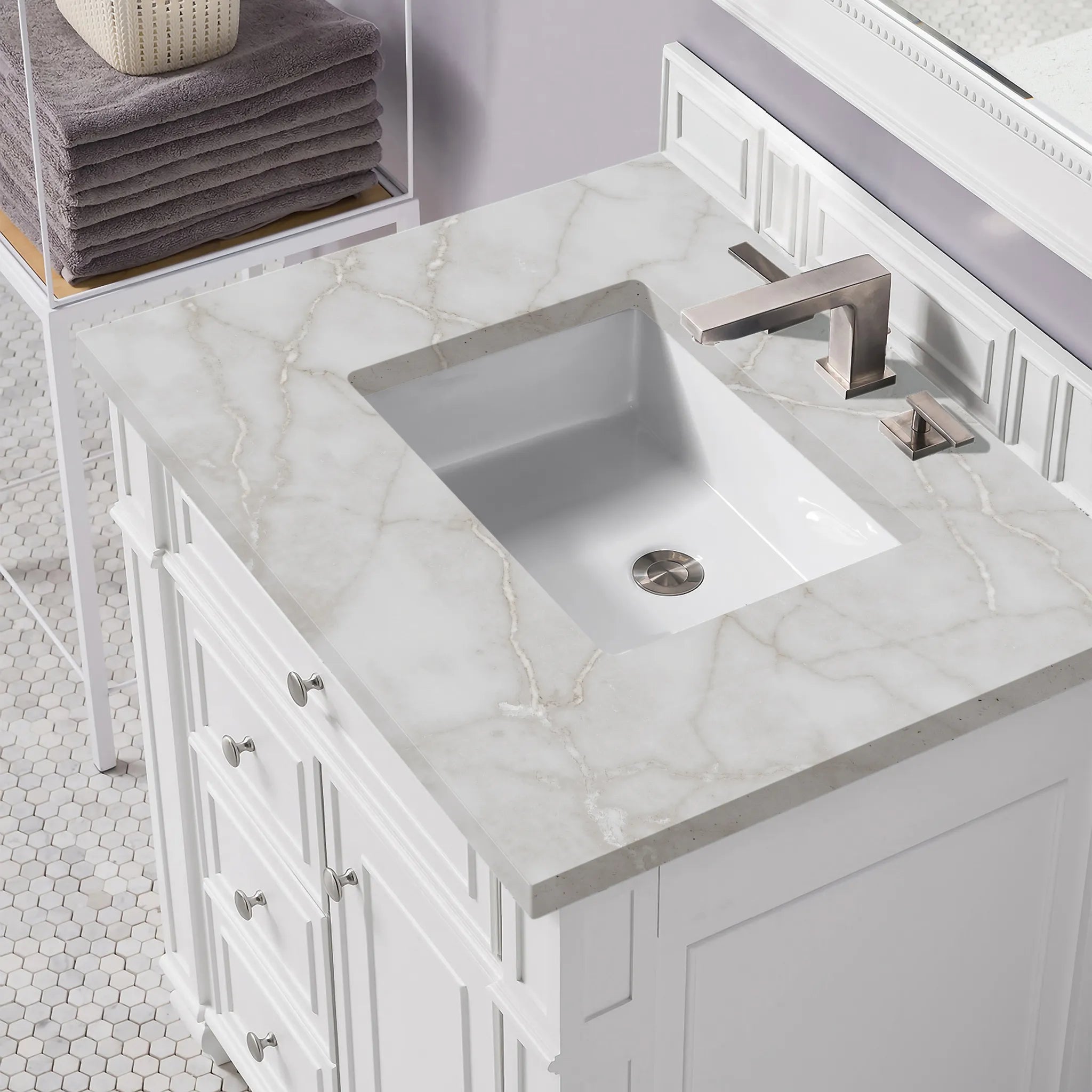 30" Bristol Single Vanity in Bright White-Victorian Silver Silestone-8" Widespread image 4